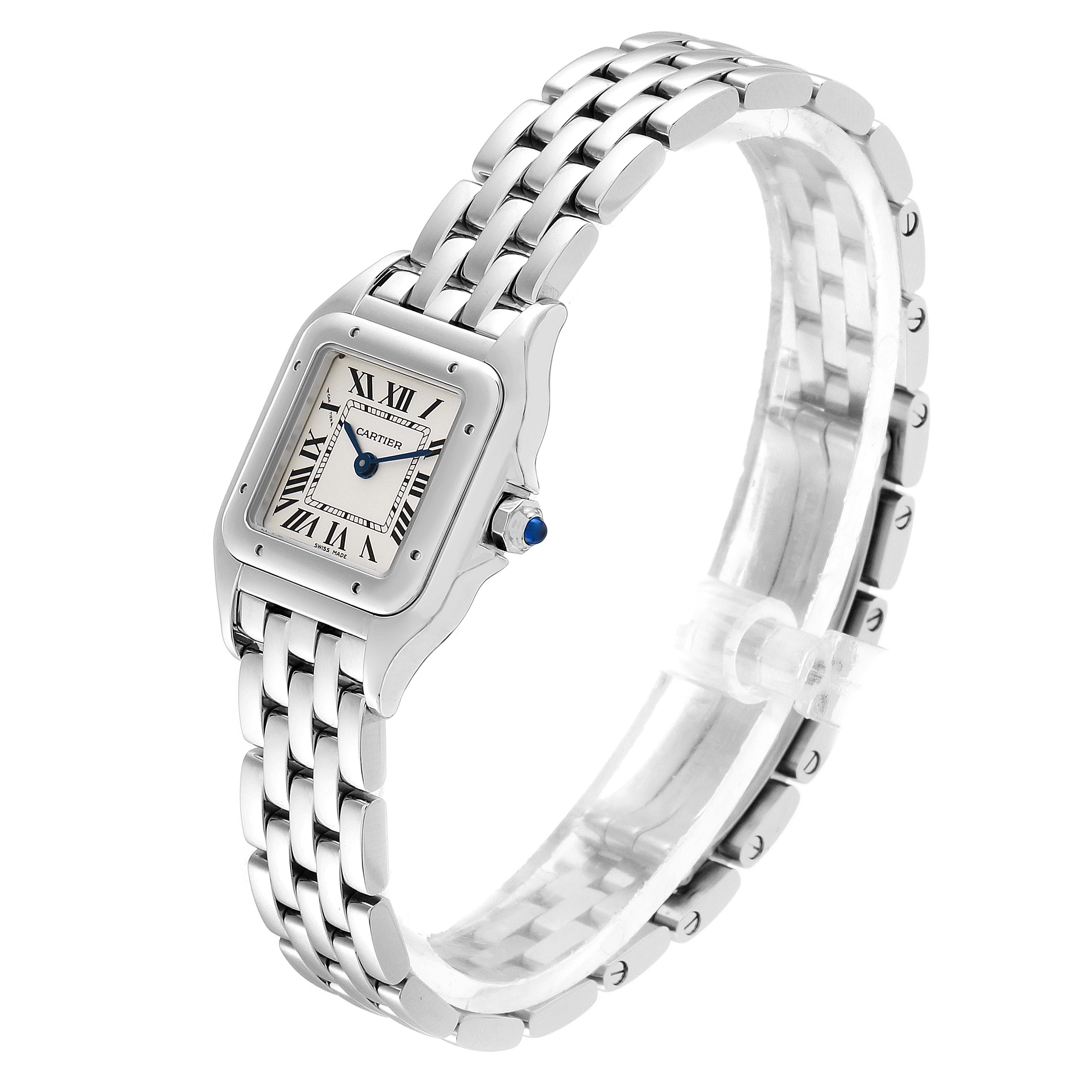 This image shows a side-angle view of the Panthere model watch by Cartier, highlighting the face, bracelet, and crown.