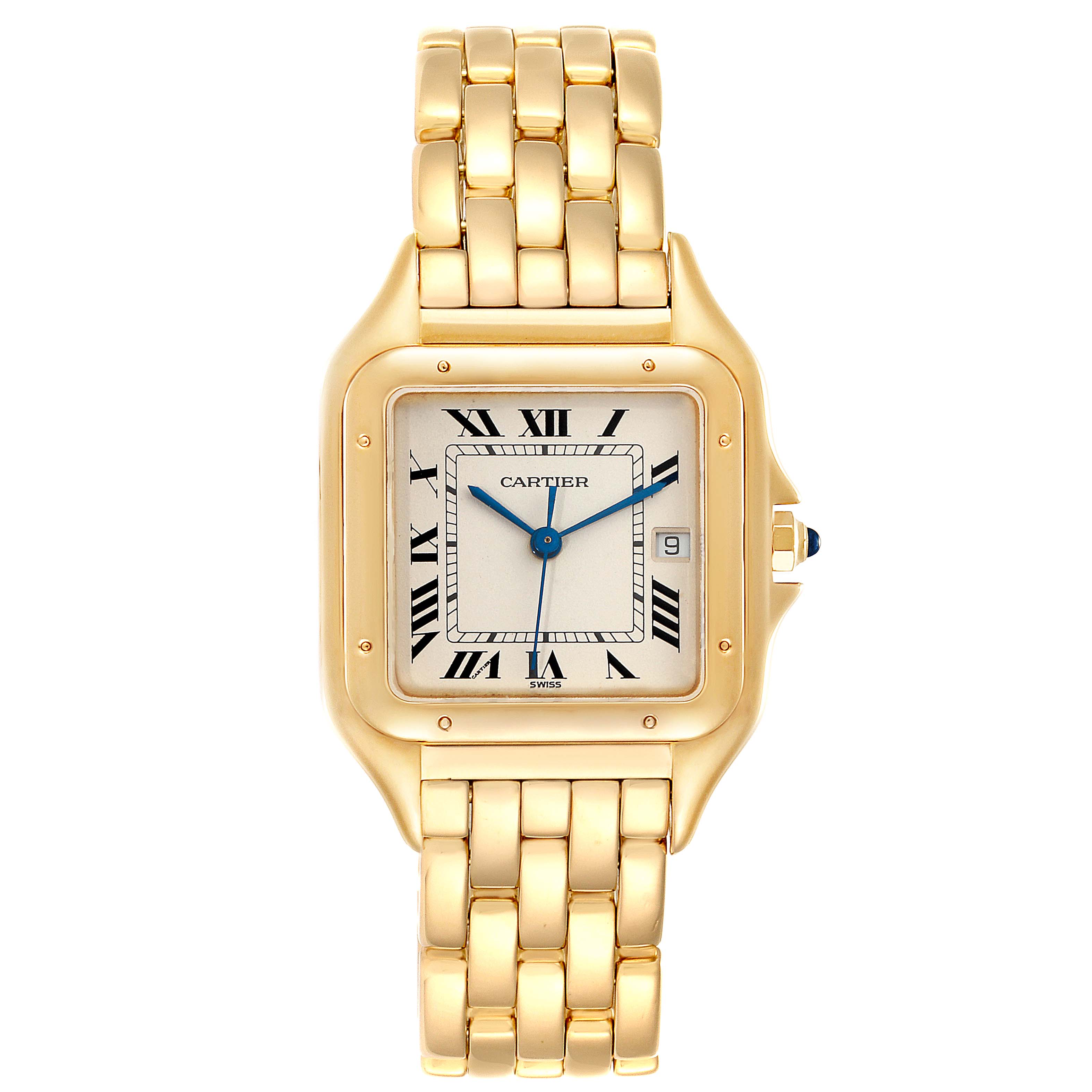 The image shows a front view of the Cartier Panthere W25014B9 Women's Yellow Gold Silver Dial W25014B9 Women's Yellow Gold Silver Dial watch, displaying its face, bezel, and part of the gold bracelet.