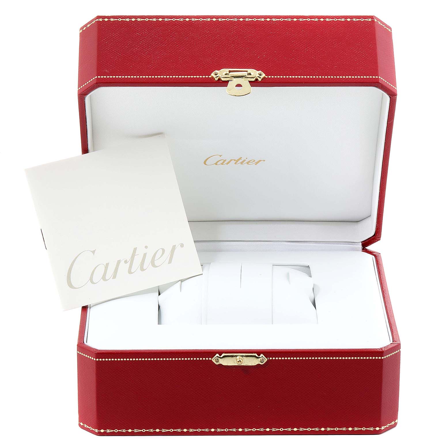 The image shows an open red Cartier box and a manual for a Cartier Panthere W25014B9 Women's Yellow Gold Silver Dial W25014B9 Women's Yellow Gold Silver Dial watch.
