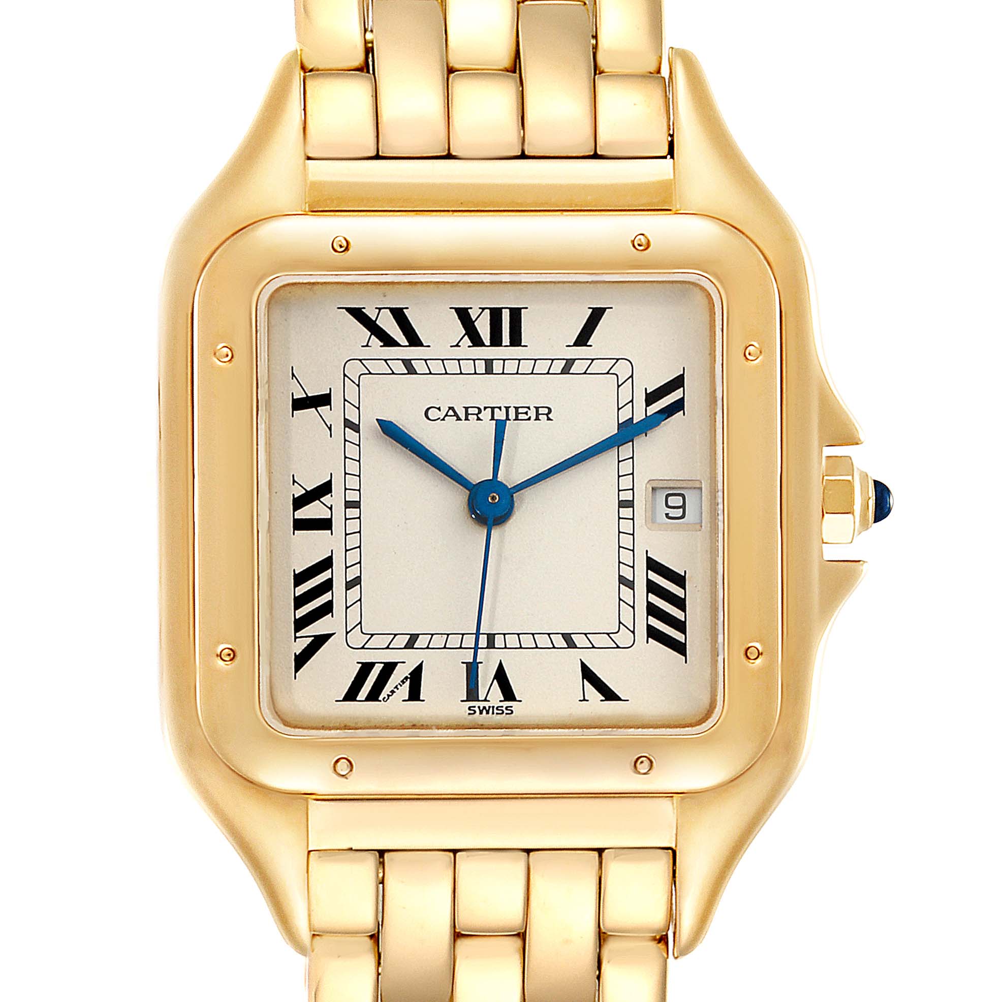 The image shows a zoomed-in view of the Cartier Panthere W25014B9 Women's Yellow Gold Silver Dial W25014B9 Women's Yellow Gold Silver Dial watch's square face, gold case, Roman numeral markers, and a segment of the bracelet.