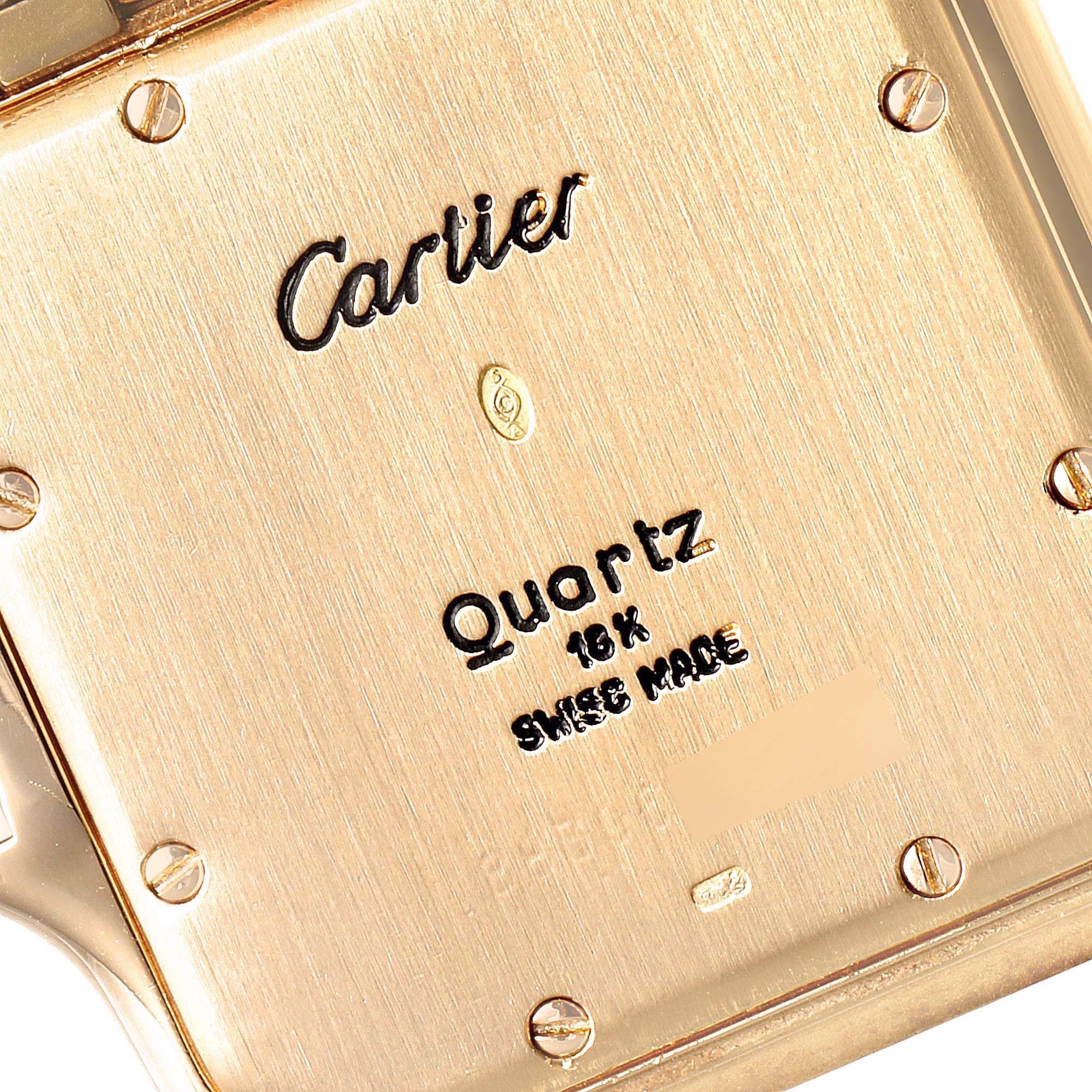 This image shows the back casing of a Cartier Panthere W25014B9 Women's Yellow Gold Silver Dial W25014B9 Women's Yellow Gold Silver Dial model watch, highlighting the brand name, movement type, and material details.