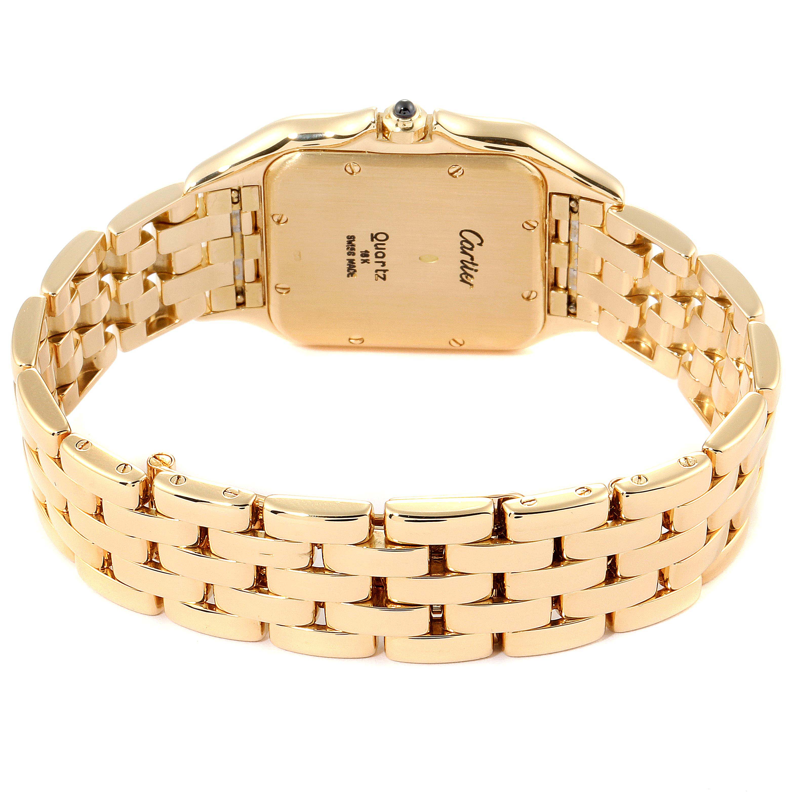 The image shows the back and bracelet of a Cartier Panthere W25014B9 Women's Yellow Gold Silver Dial W25014B9 Women's Yellow Gold Silver Dial model watch, displaying its gold finish and clasp.