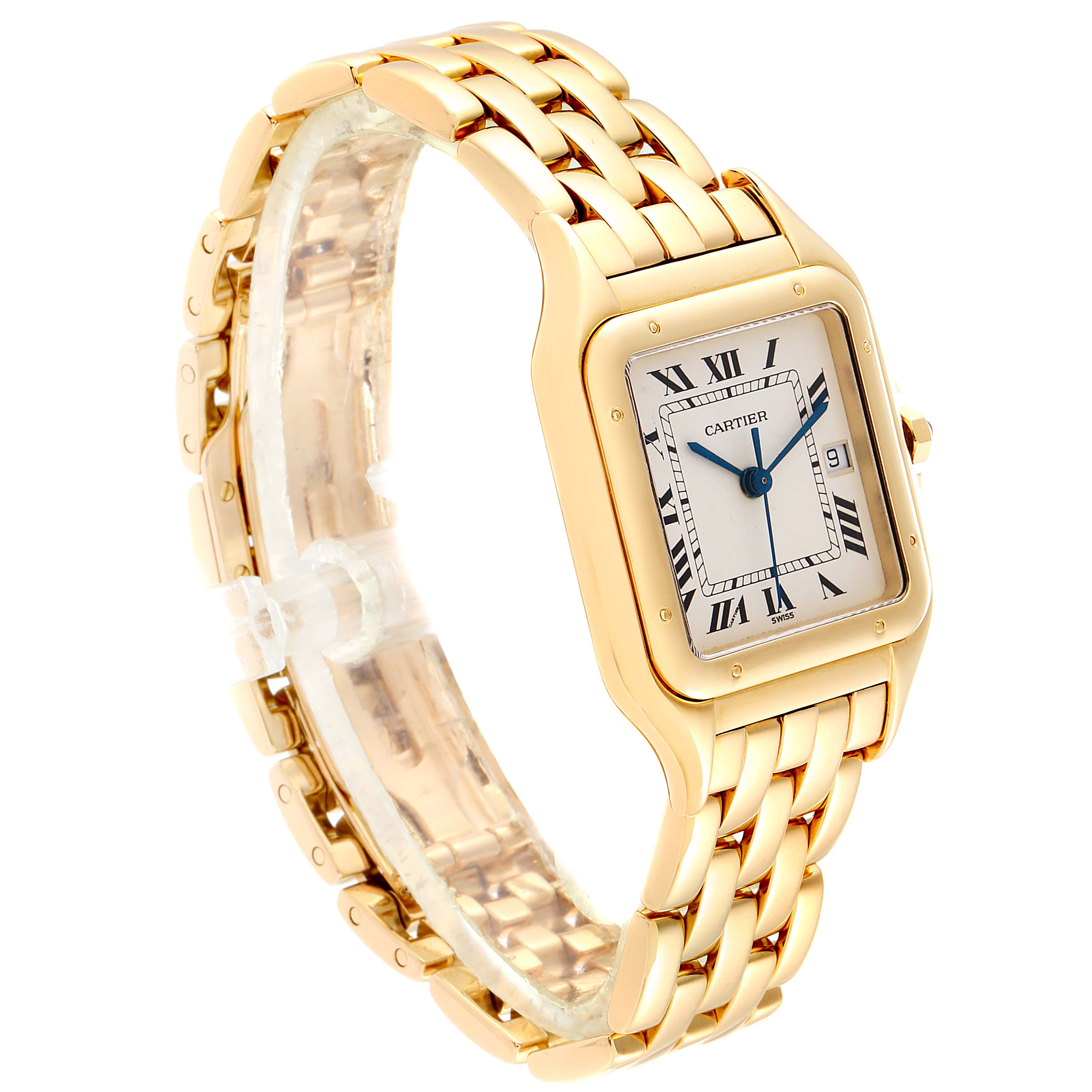 The Panthere de Cartier watch is shown at a three-quarter angle, highlighting its gold bracelet, square dial, and Roman numerals.