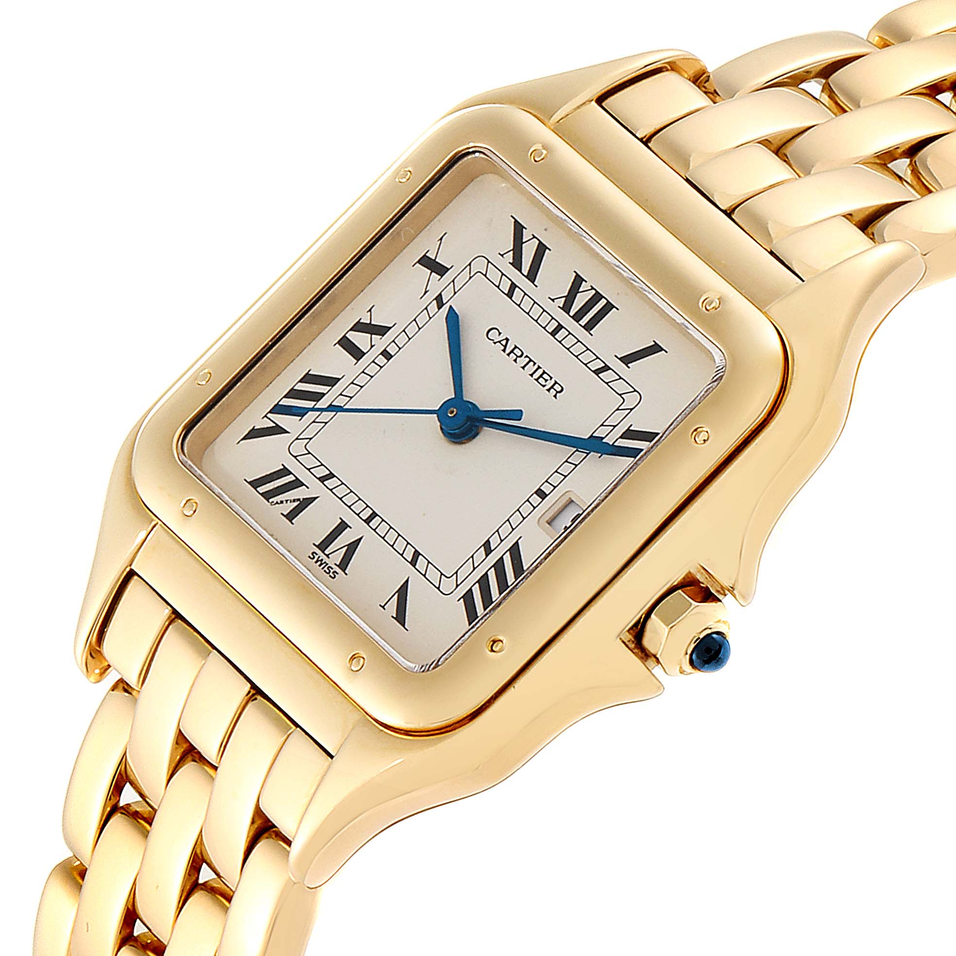 This image shows a close-up angle of the Cartier Panthere W25014B9 Women's Yellow Gold Silver Dial W25014B9 Women's Yellow Gold Silver Dial watch, highlighting the gold case, bracelet, and Roman numeral dial.