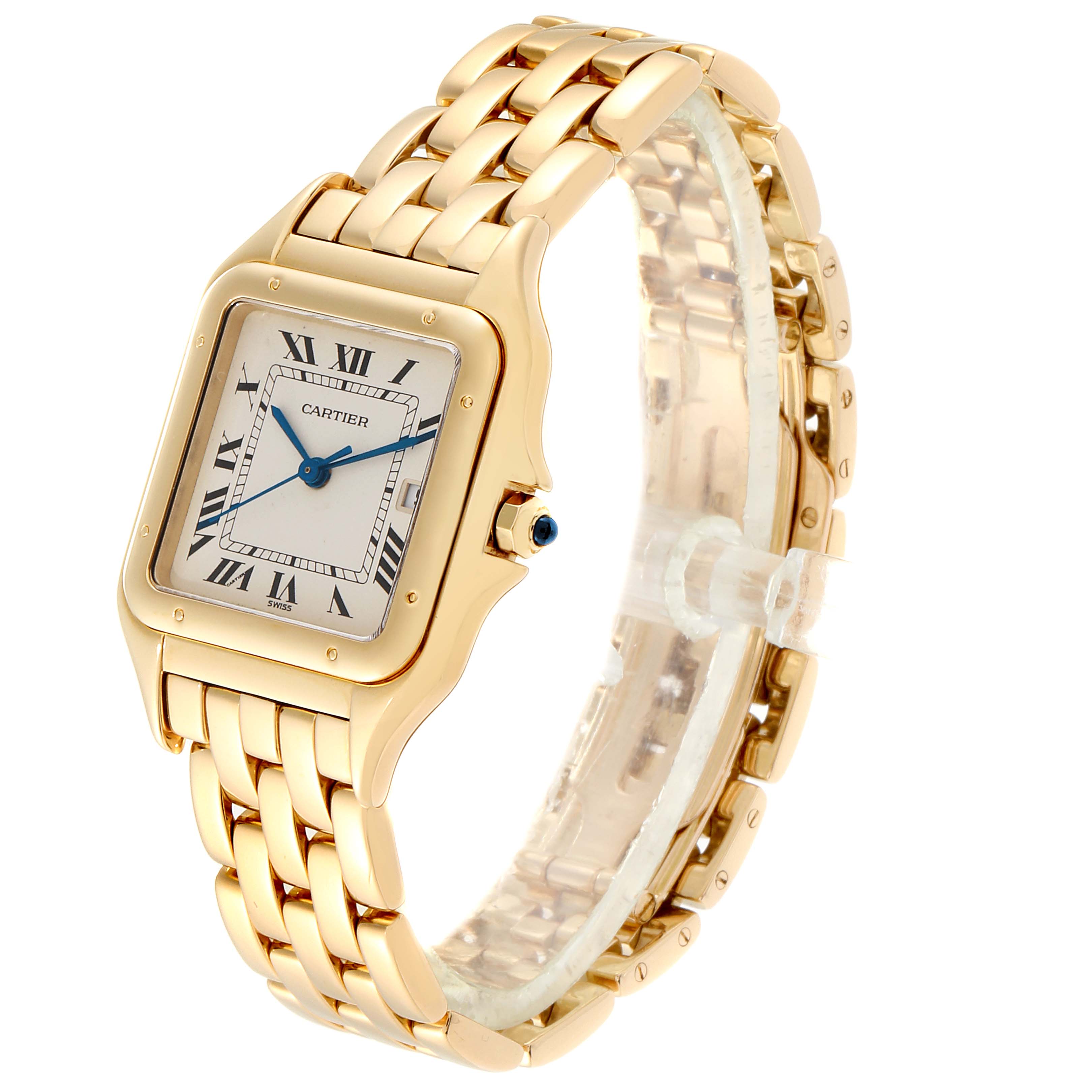 The image shows the Panthere model by Cartier at a three-quarter angle, highlighting the face, bracelet, and crown.