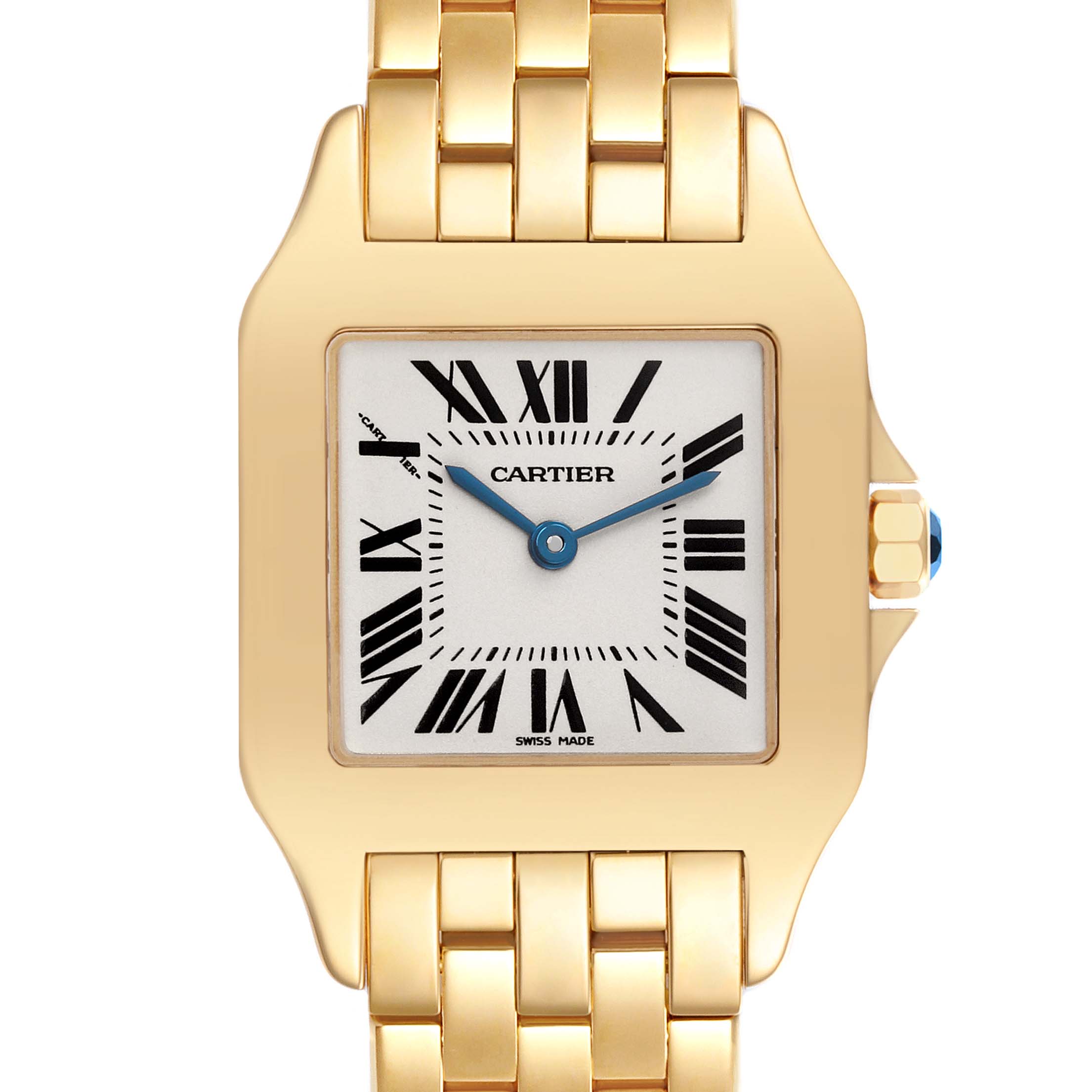 The Cartier Panthère watch is shown from a front angle, highlighting the face, crown, and part of the bracelet.