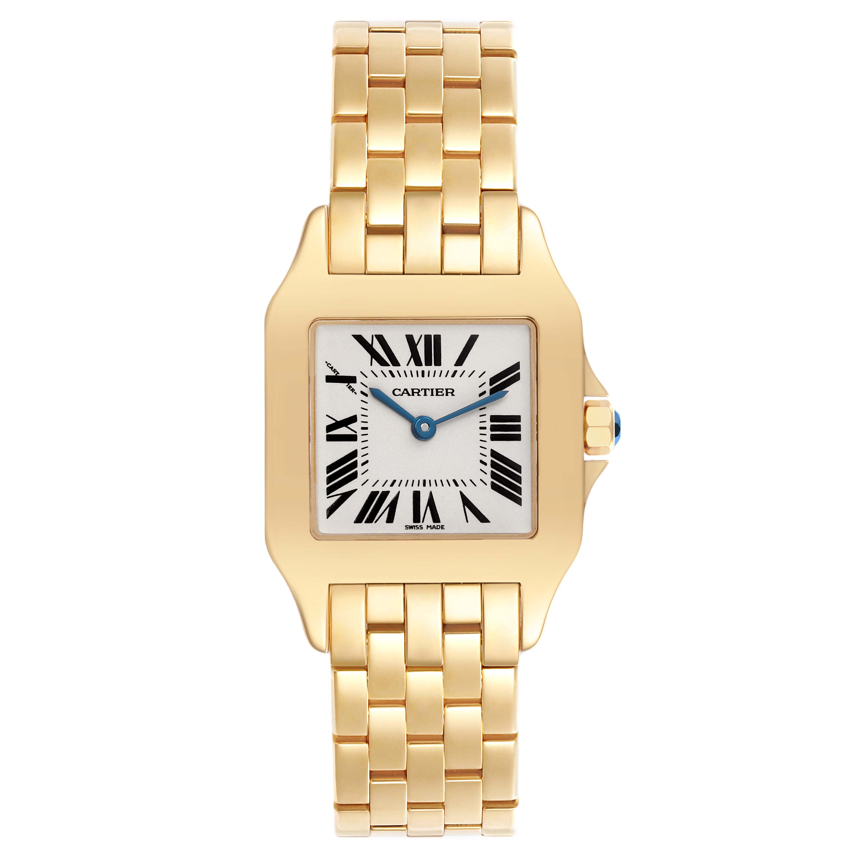 The Cartier Panthère watch is shown from the front, displaying the face, case, and full gold bracelet.