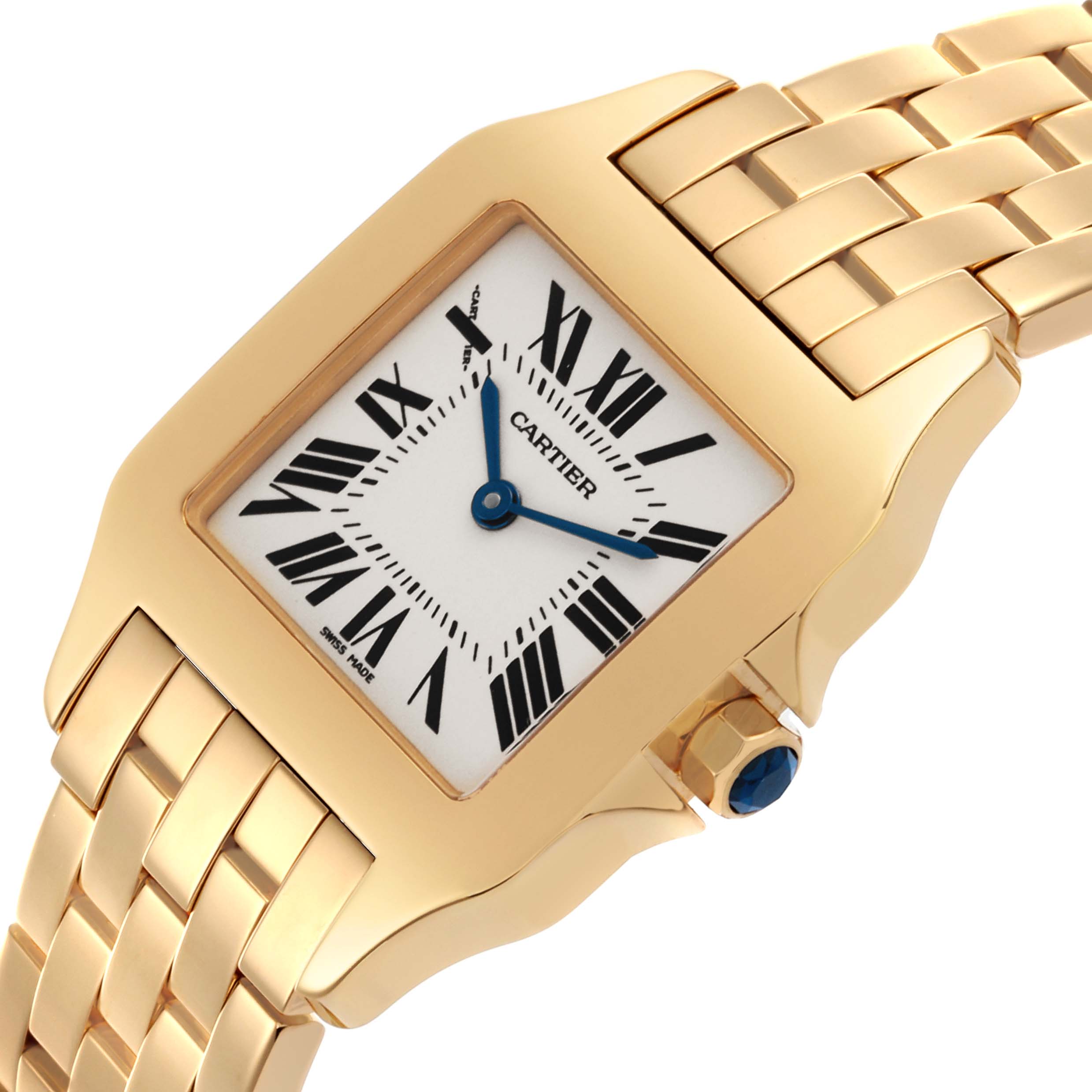 The Cartier Panthère watch is shown at an angled side view, highlighting the gold case, dial, and part of the bracelet.