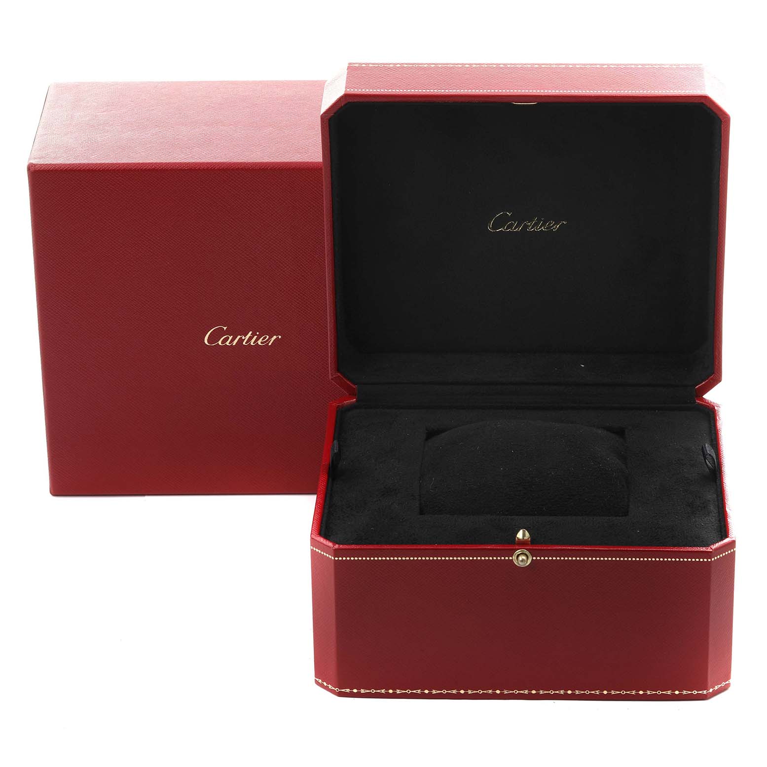 The image shows an open Cartier Panthere watch box with its red exterior and black interior lining.