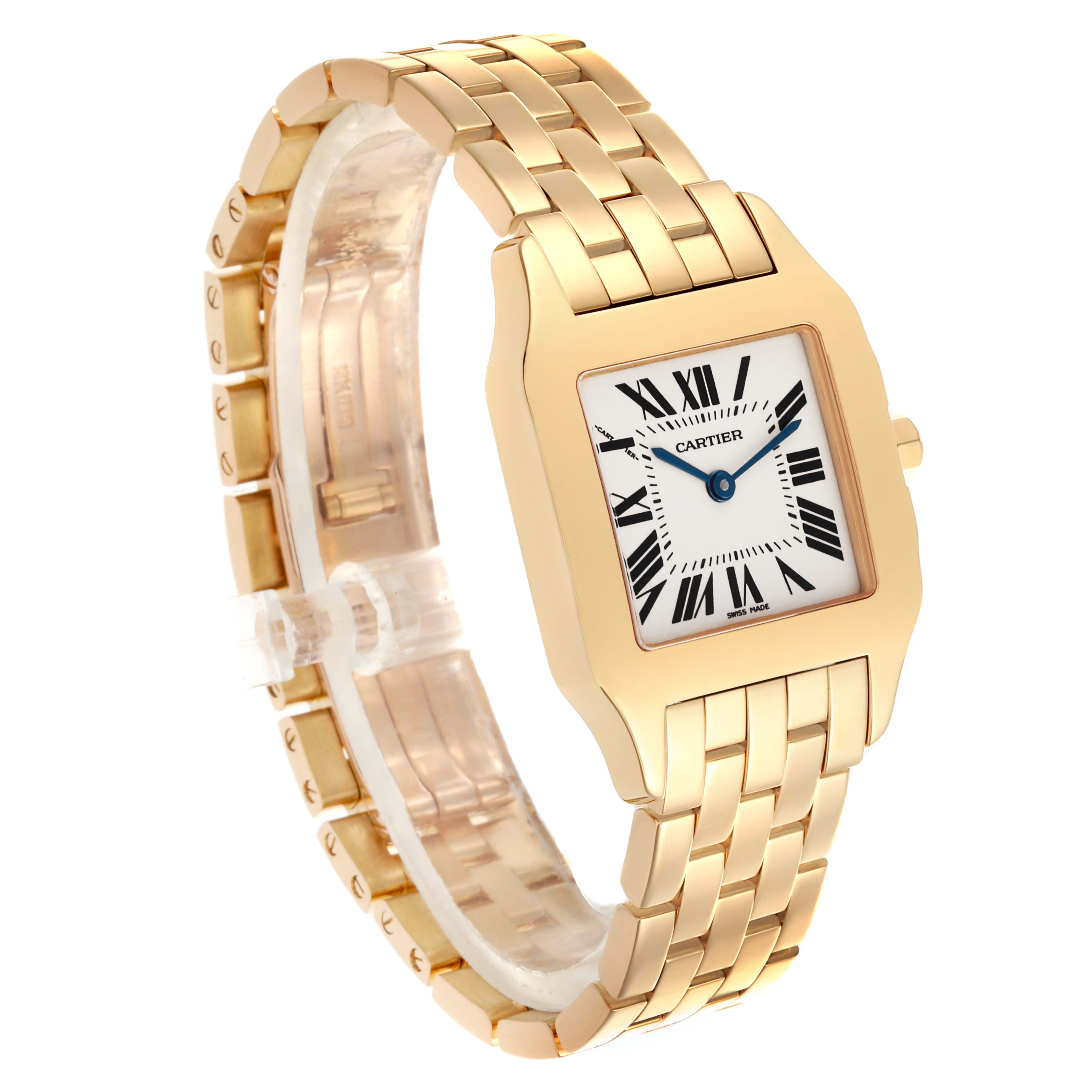 The Cartier Panthère watch is shown at a three-quarter angle, displaying the face, bezel, and part of the bracelet.