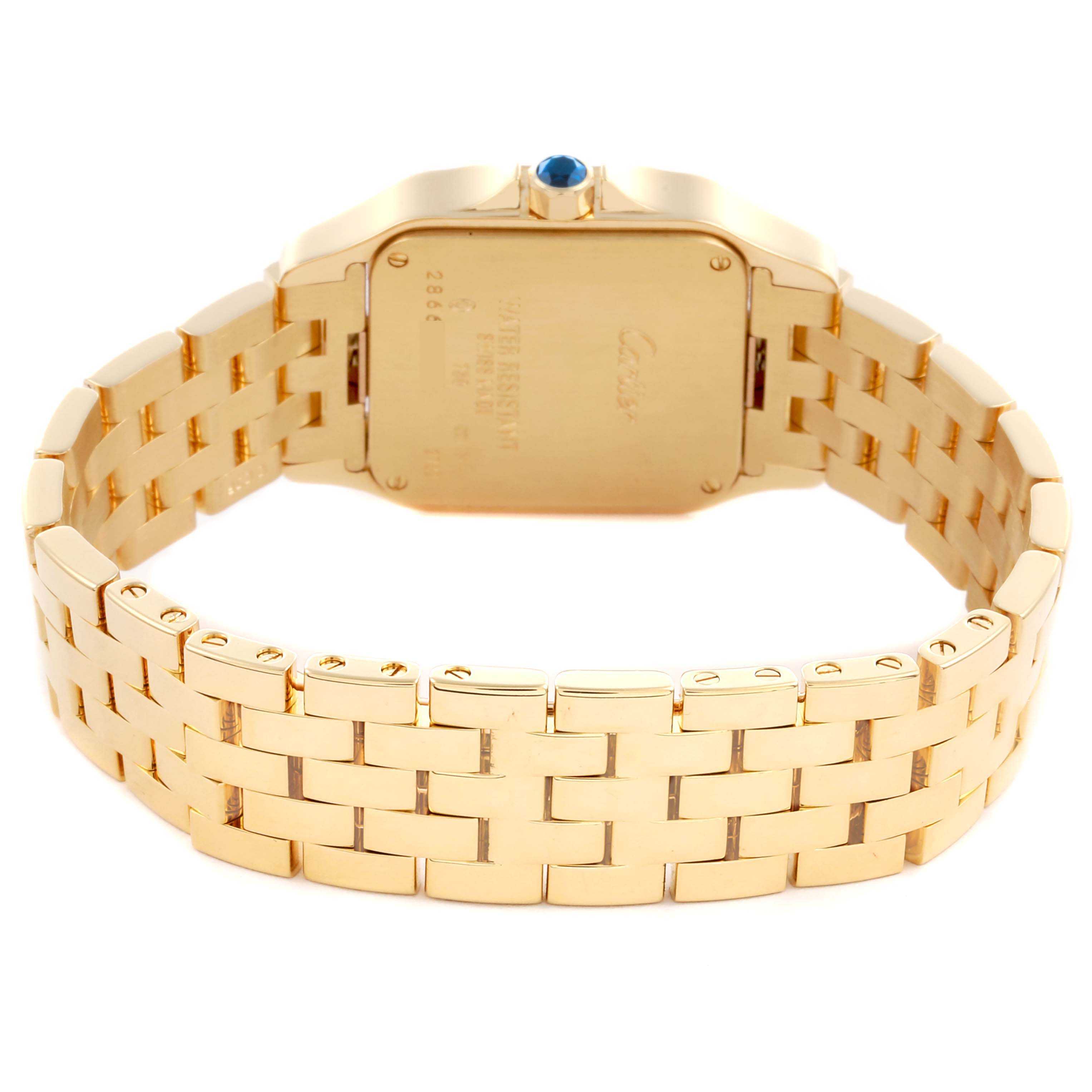 The Cartier Panthere watch is shown from the back, highlighting the gold bracelet and case with a sapphire crown.