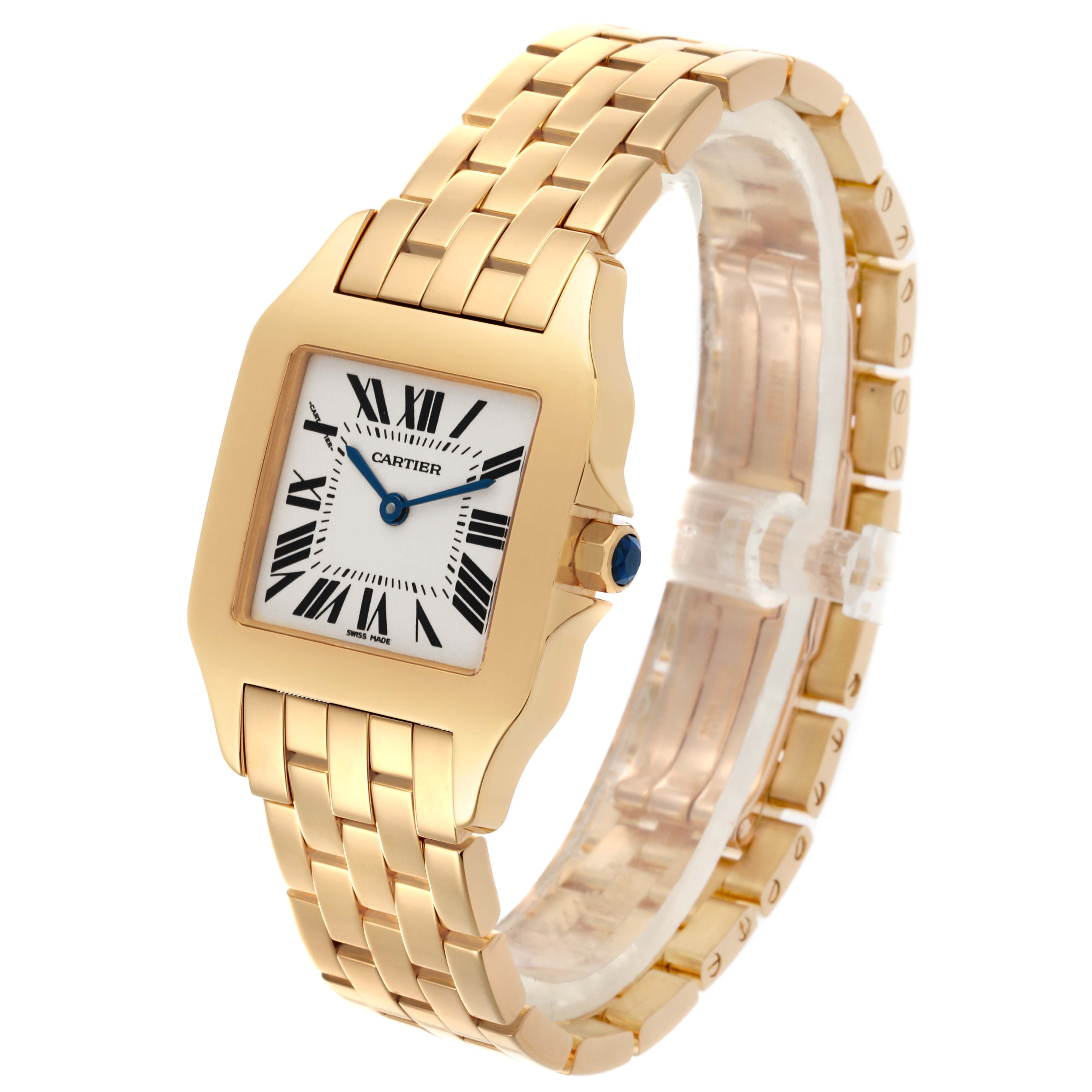 The image shows a Cartier Panthere watch at a three-quarter angle, highlighting the case, dial, bracelet, and crown.