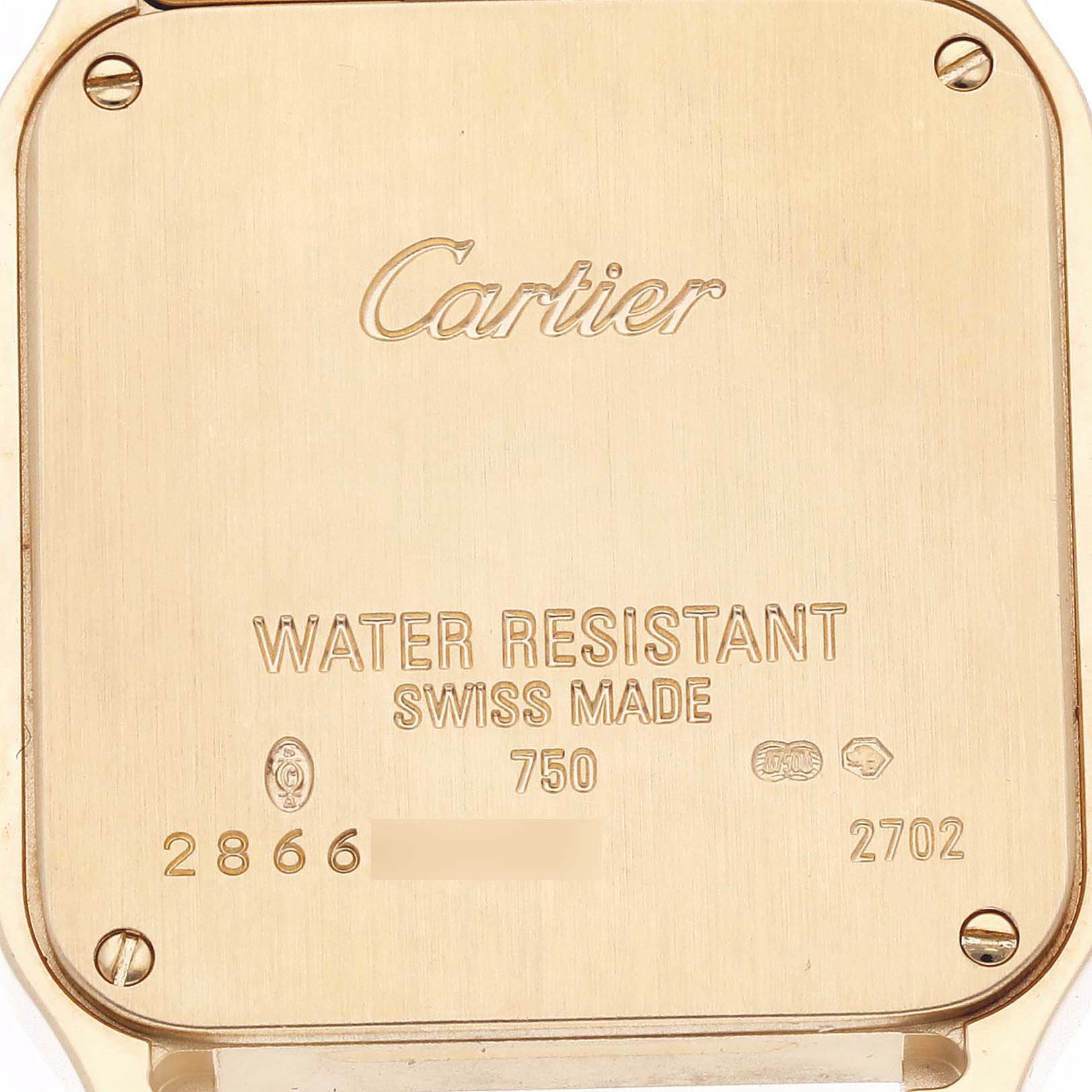 This image shows the back case of the Cartier Panthere watch, displaying the brand, model number, and water resistance details.
