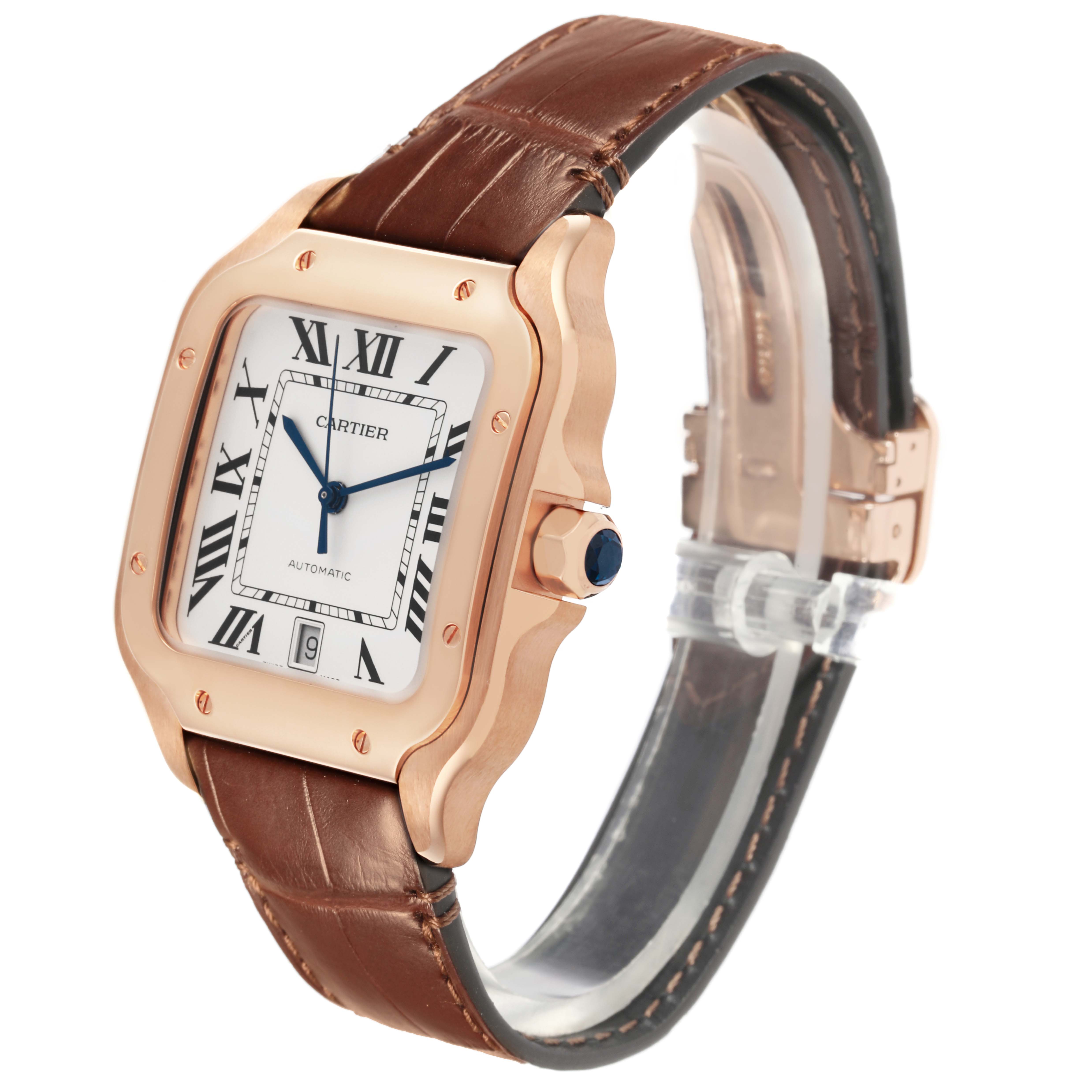 The Cartier Santos WGSA0019 Men's Rose Gold Silver Dial WGSA0019 Men's Rose Gold Silver Dial watch is shown at a front-side angle, displaying the face, case, and part of the leather strap.
