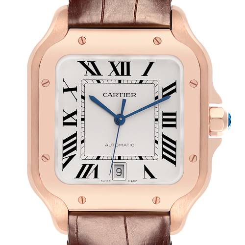 The image shows a front view of the Cartier Santos watch, displaying the face, hands, date, case, and part of the strap.