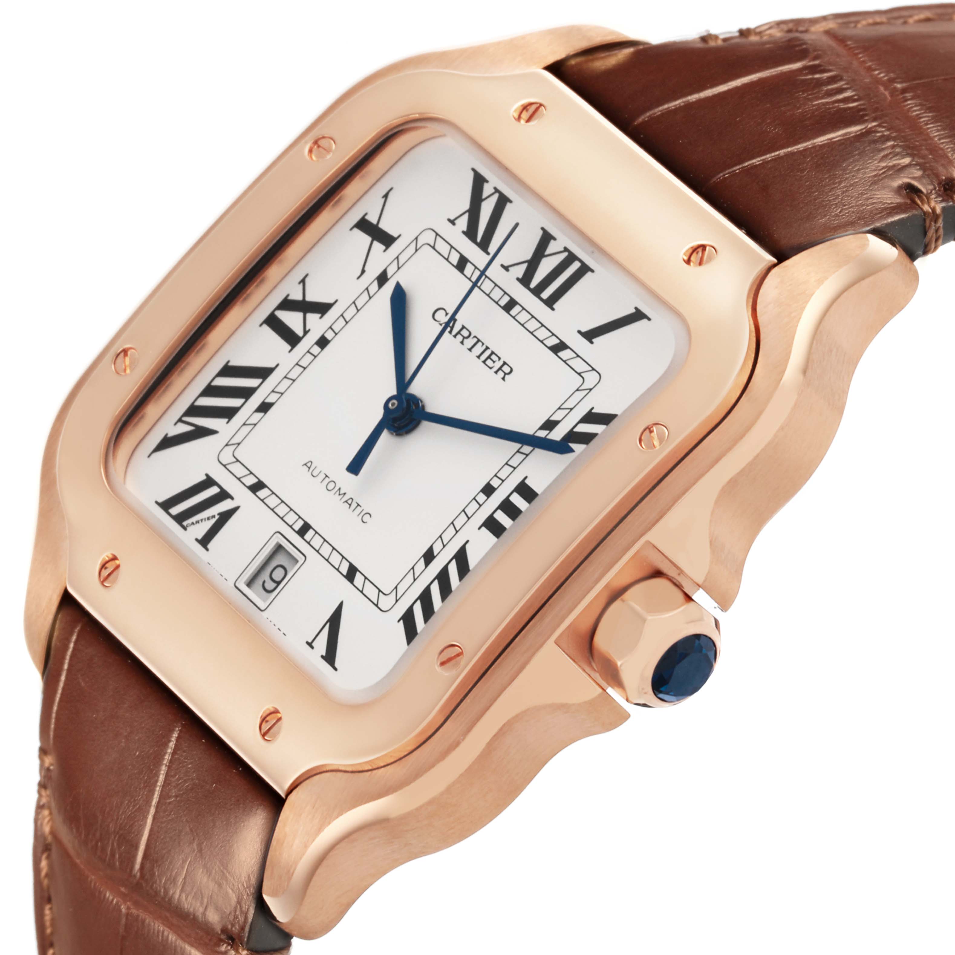 The Cartier Santos WGSA0019 Men's Rose Gold Silver Dial WGSA0019 Men's Rose Gold Silver Dial watch is shown from a front-side angle, highlighting the rose gold case, brown leather strap, and blue hands.