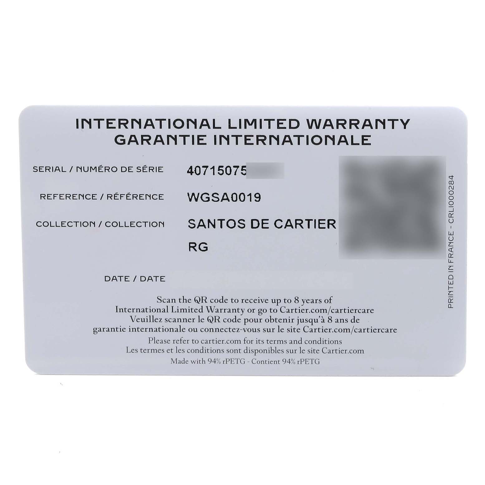 The image shows a Cartier Santos WGSA0019 Men's Rose Gold Silver Dial WGSA0019 Men's Rose Gold Silver Dial model international limited warranty card.