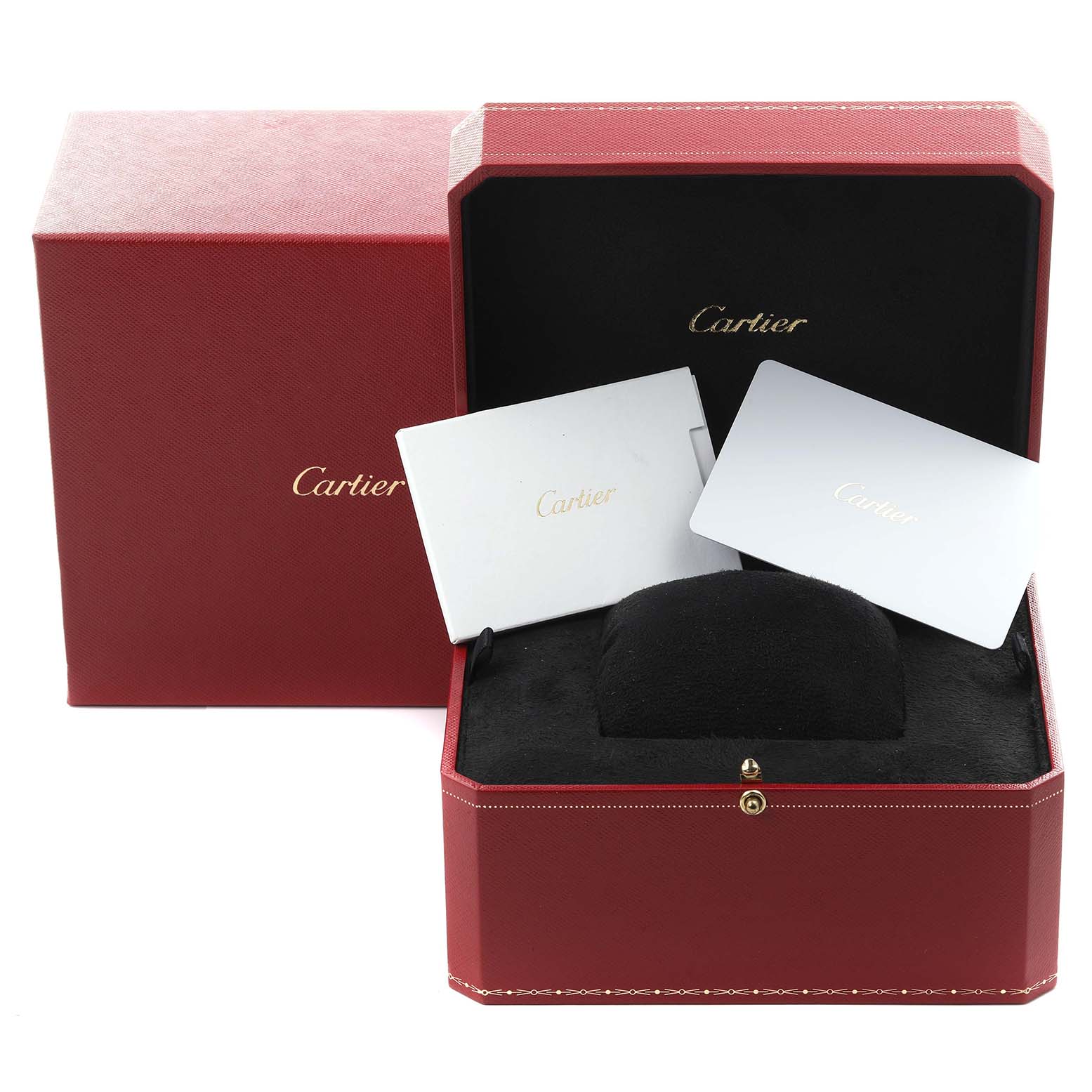 The Cartier Santos WGSA0019 Men's Rose Gold Silver Dial WGSA0019 Men's Rose Gold Silver Dial model includes a red box, inner cushion, and documentation, shown from the front.