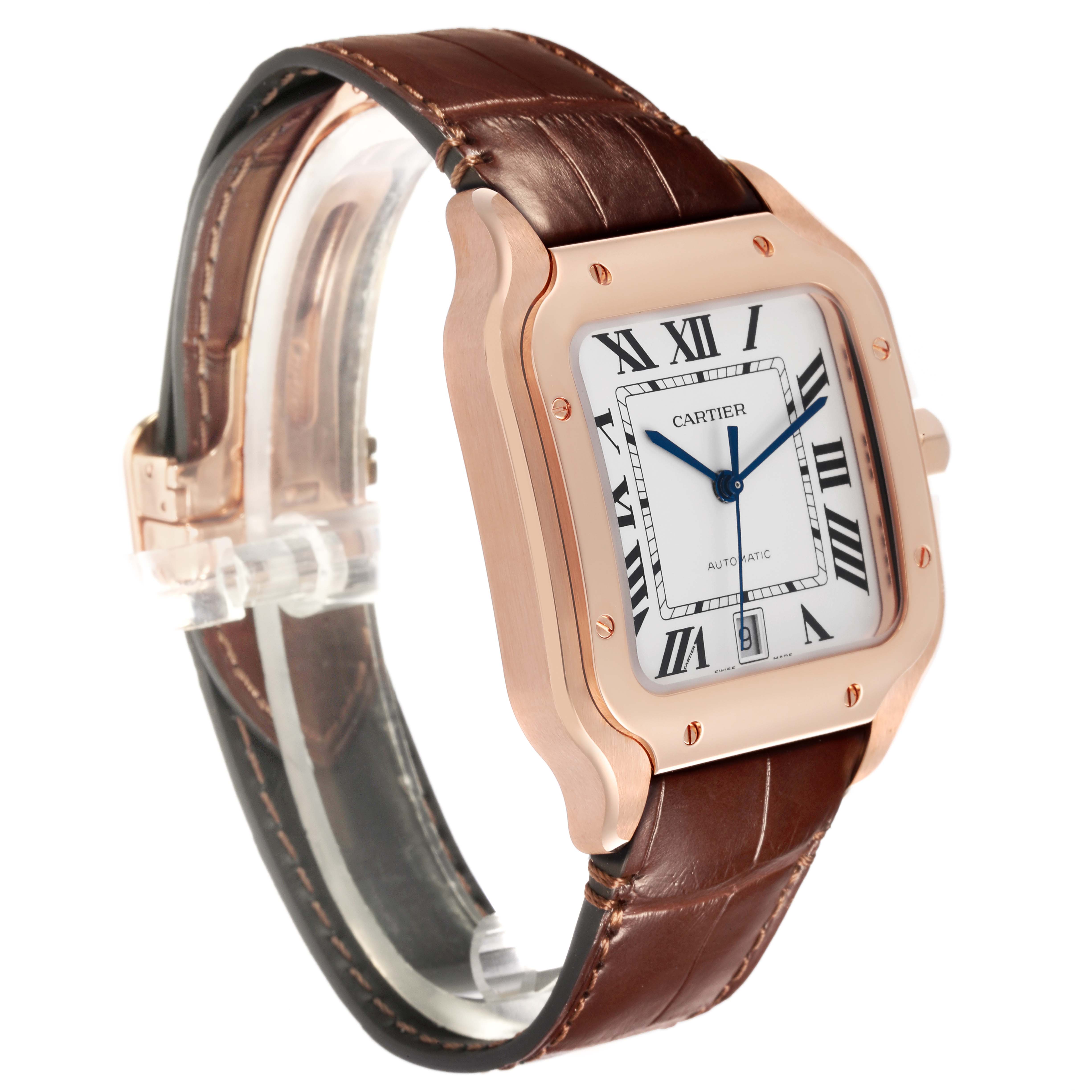 The Cartier Santos WGSA0019 Men's Rose Gold Silver Dial WGSA0019 Men's Rose Gold Silver Dial watch is shown at a three-quarter angle, highlighting the face, case, and leather strap.