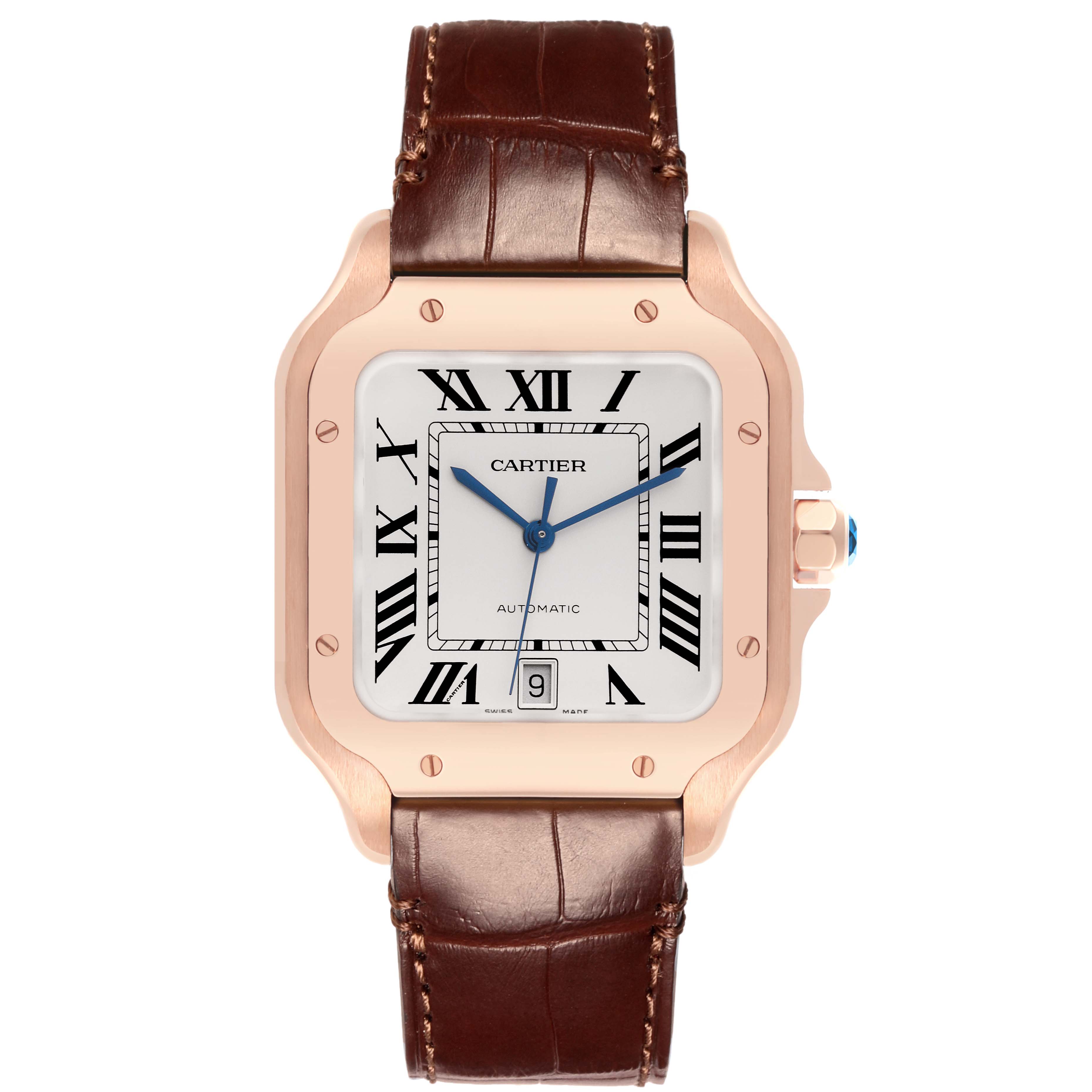 The Cartier Santos WGSA0019 Men's Rose Gold Silver Dial WGSA0019 Men's Rose Gold Silver Dial watch is shown from the front, displaying the face, bezel, and leather strap.