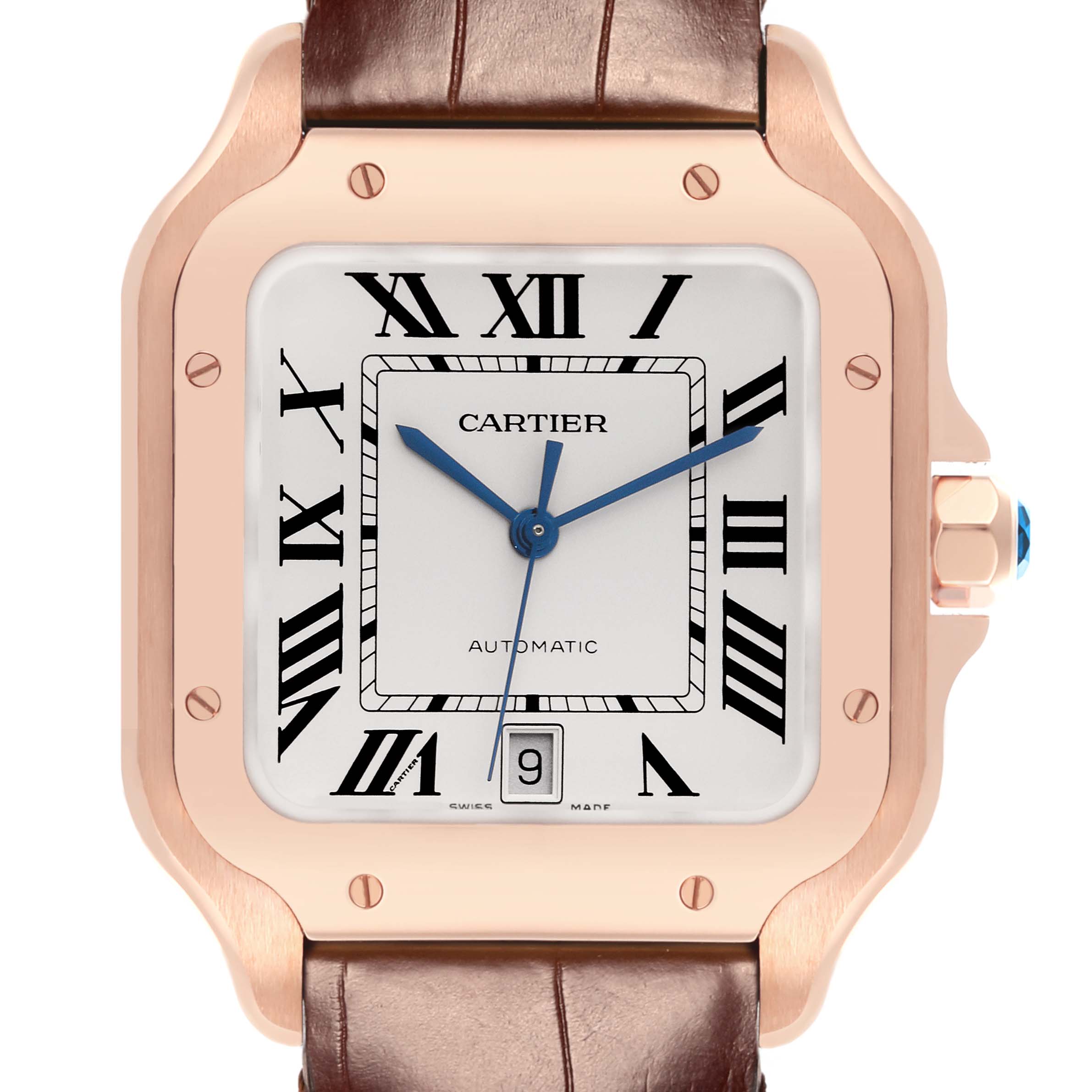 The Cartier Santos WGSA0019 Men's Rose Gold Silver Dial WGSA0019 Men's Rose Gold Silver Dial watch is shown from a front angle, displaying the dial, case, and part of the leather strap.