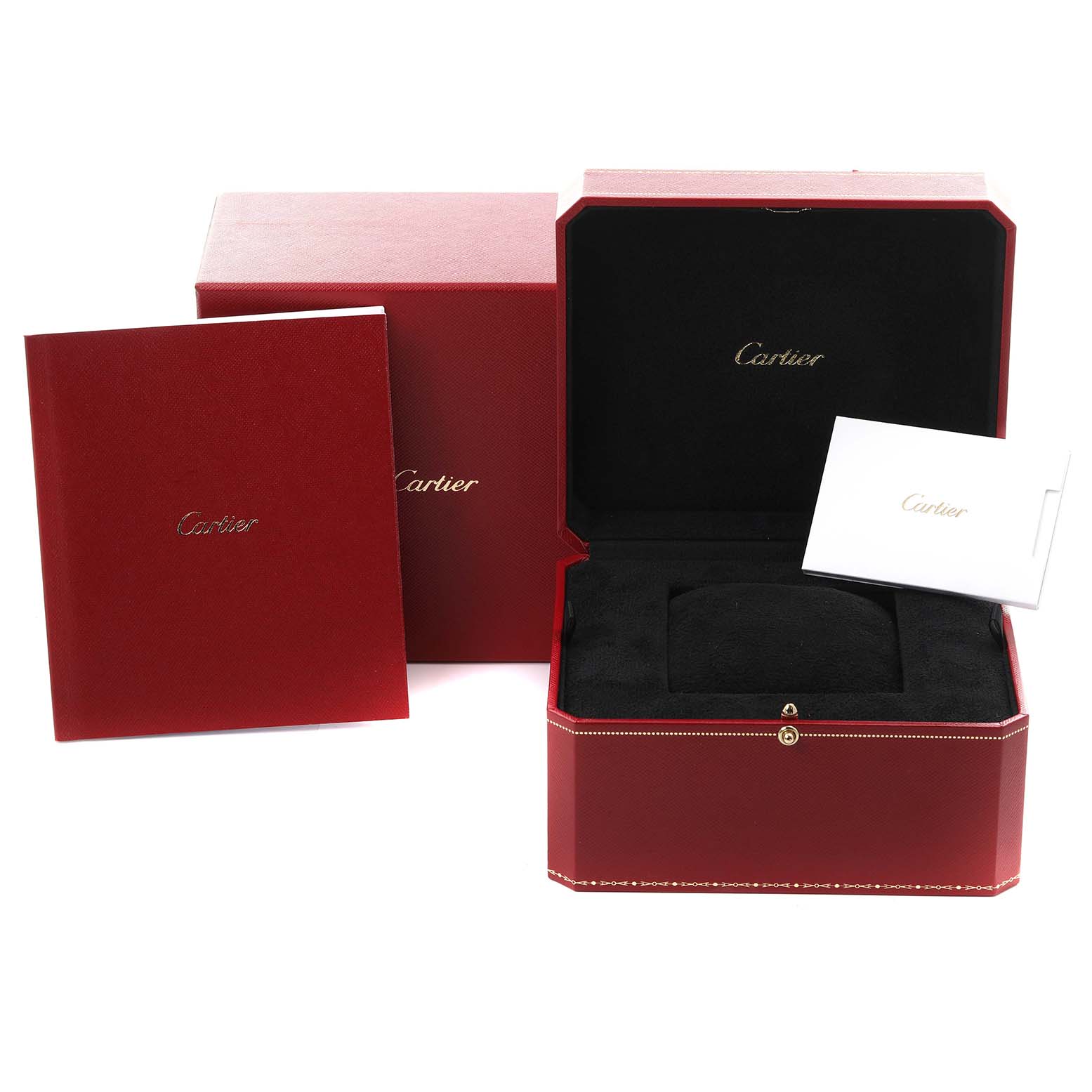 The image shows the Cartier Santos WGSA0018 Men's Rose Gold Silver Dial WGSA0018 Men's Rose Gold Silver Dial watch box, manual, and warranty card from a frontal angle.