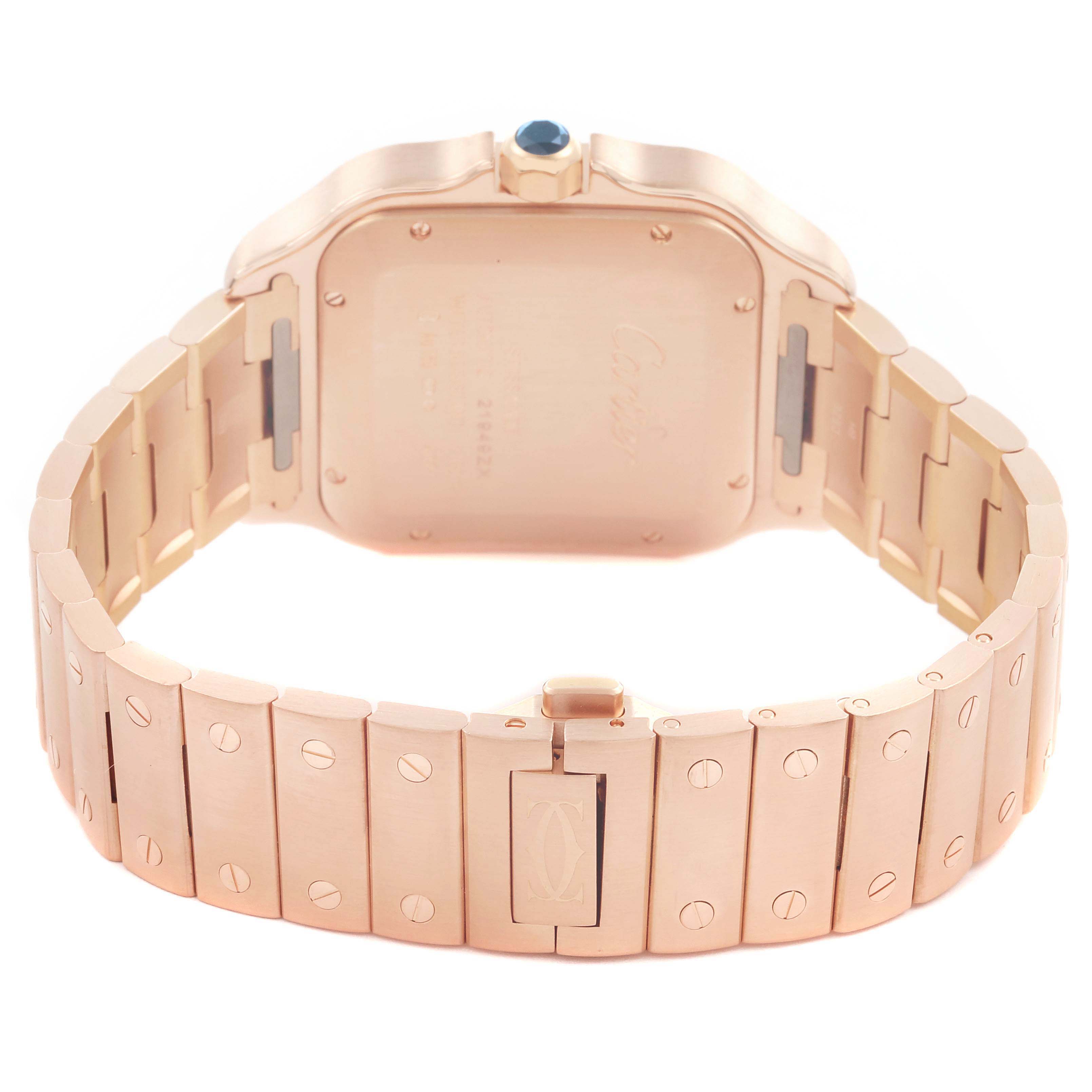 The image shows the back view of a Cartier Santos WGSA0018 Men's Rose Gold Silver Dial watch, highlighting the case back and bracelet.