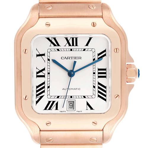 The Cartier Santos WGSA0018 Men's Rose Gold Silver Dial watch is shown from a front angle, highlighting the case, dial, hands, crown, and part of the bracelet.