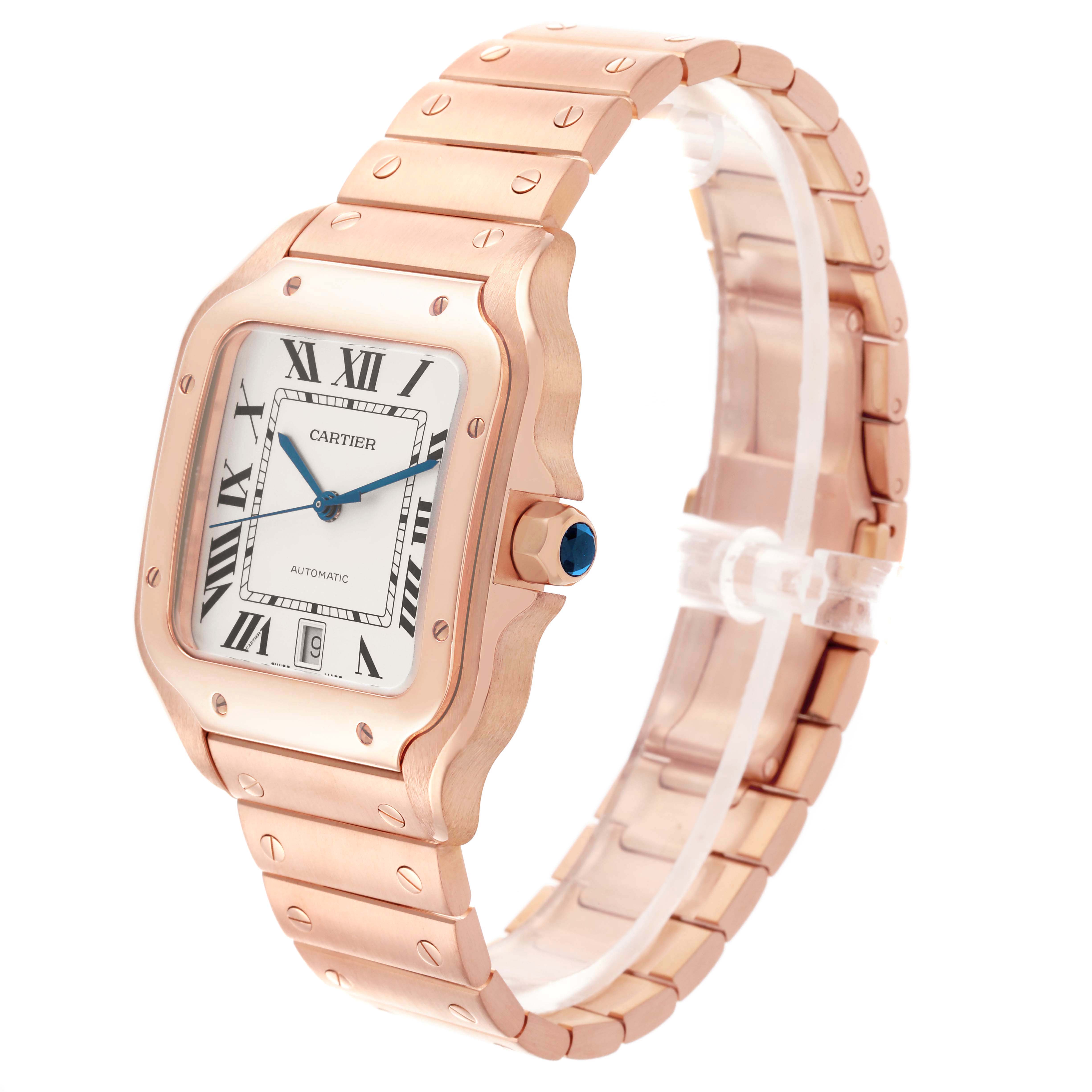 The Cartier Santos WGSA0018 Men's Rose Gold Silver Dial watch is shown at a slight angle, highlighting its face, bezel, crown, and part of the bracelet.