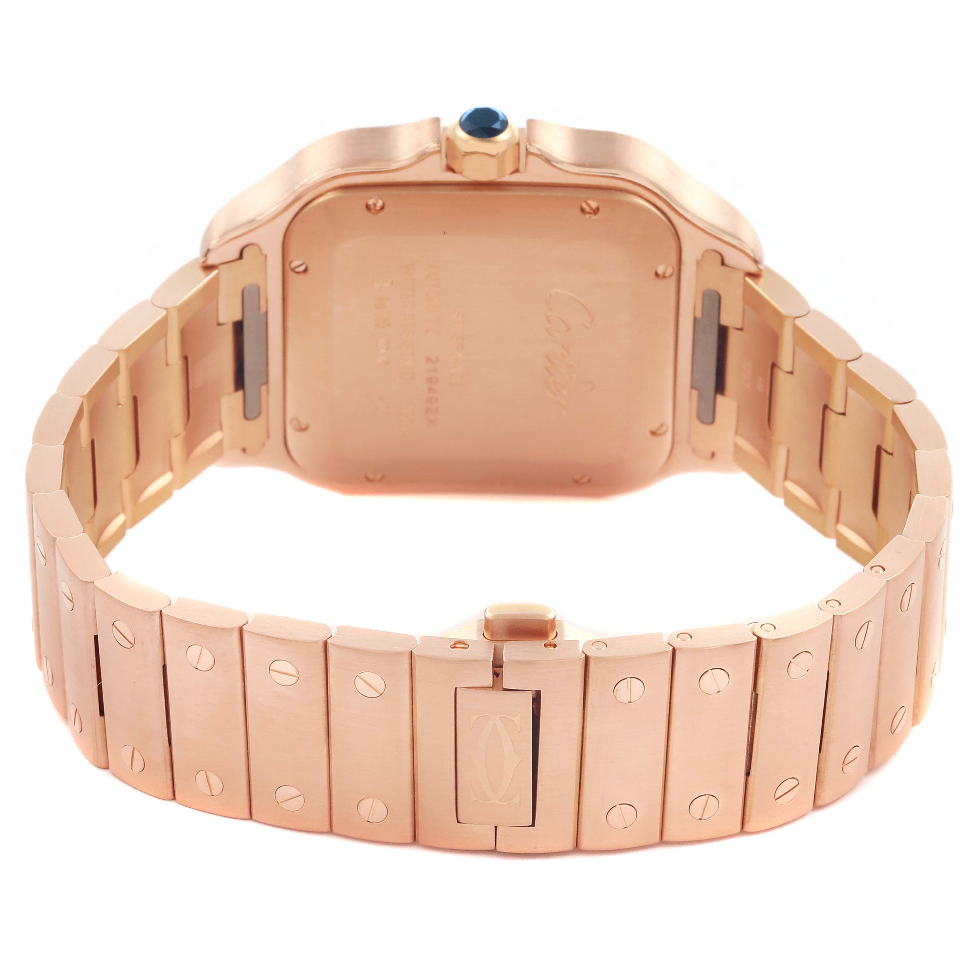 The image shows the back and bracelet of a Cartier Santos WGSA0018 Men's Rose Gold Silver Dial WGSA0018 Men's Rose Gold Silver Dial watch, highlighting its rose gold tone and clasp design.