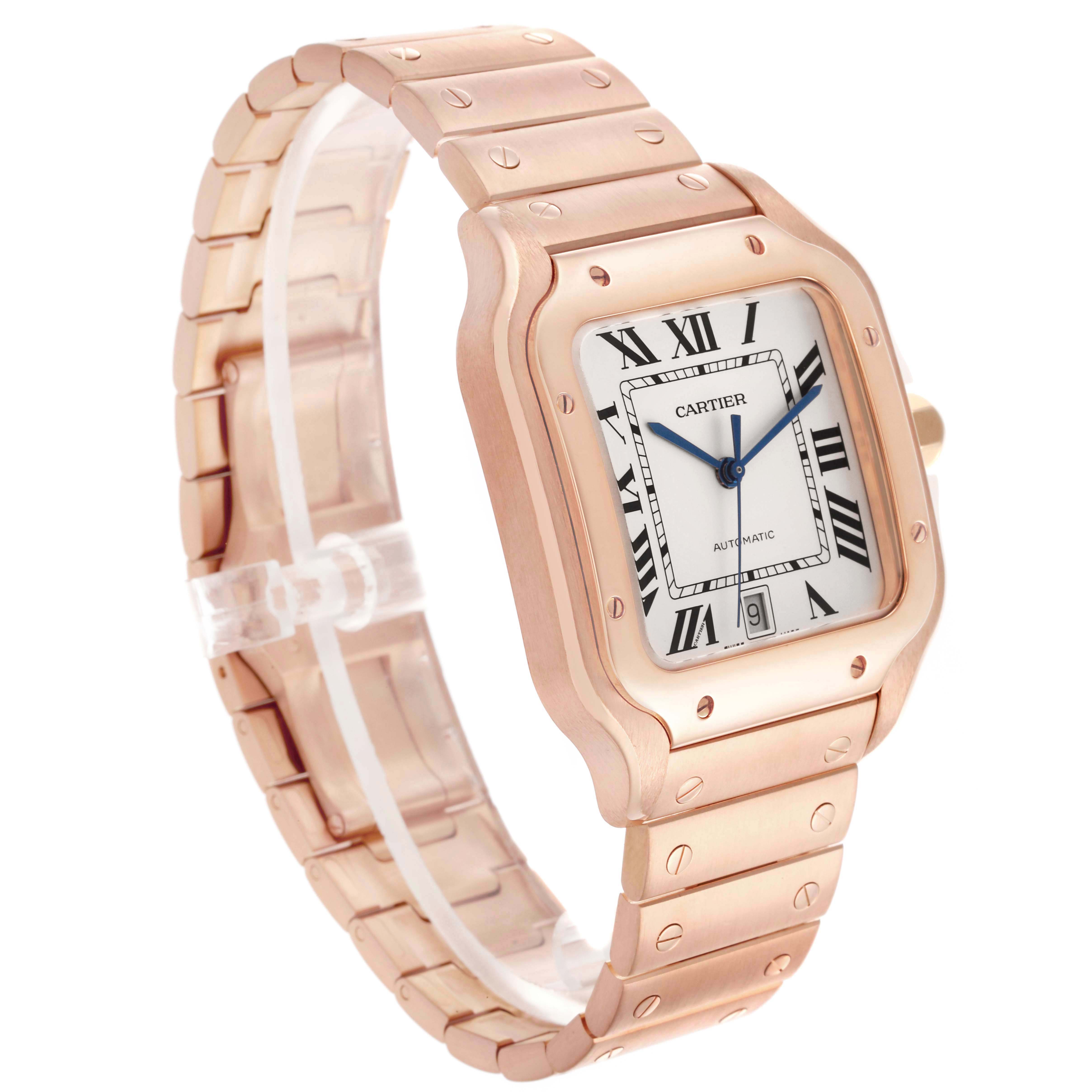 The Cartier Santos WGSA0018 Men's Rose Gold Silver Dial watch is shown at a three-quarter angle, highlighting its bezel, dial, bracelet, and crown.