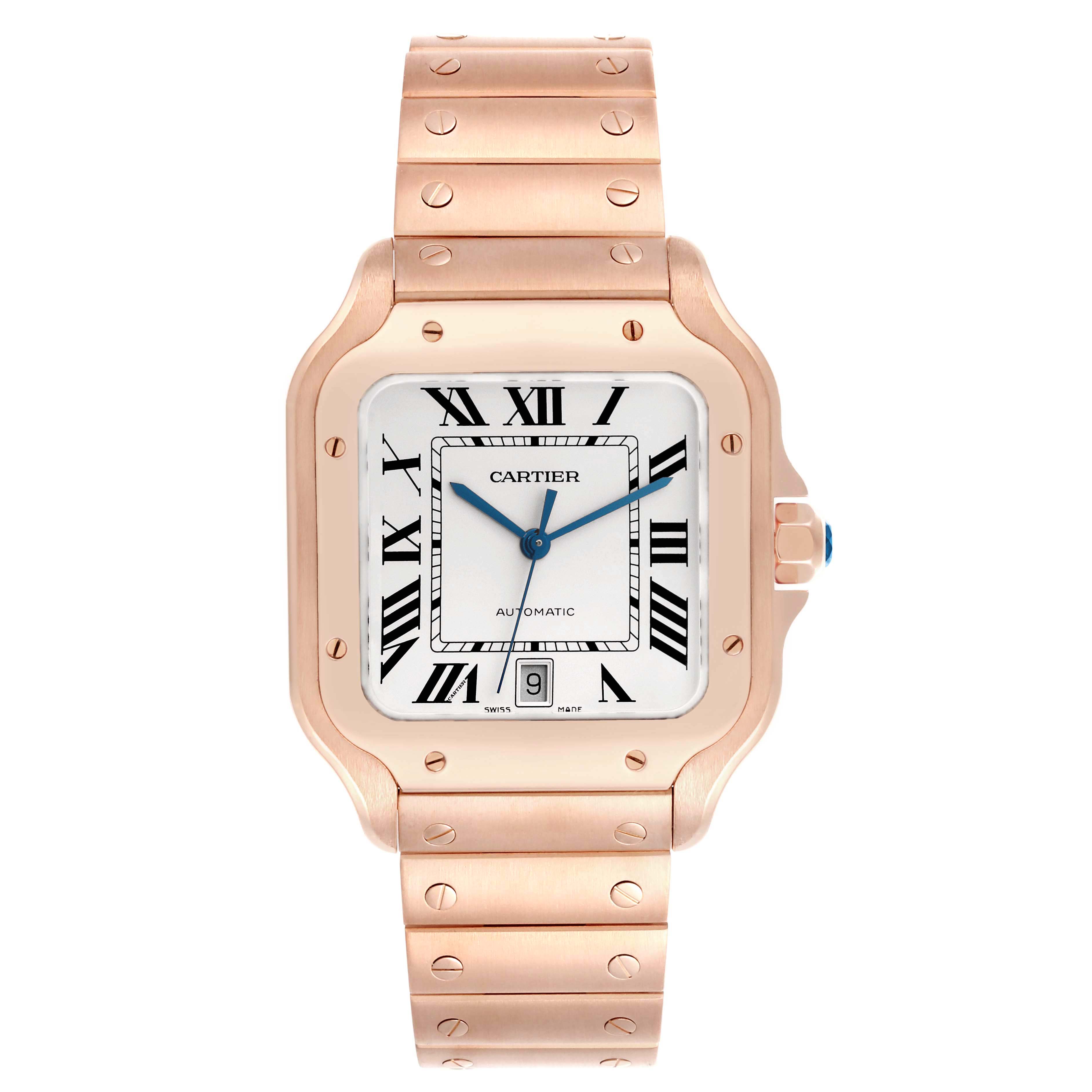 The Cartier Santos WGSA0018 Men's Rose Gold Silver Dial watch is shown from the front, displaying its face, bezel, and bracelet.