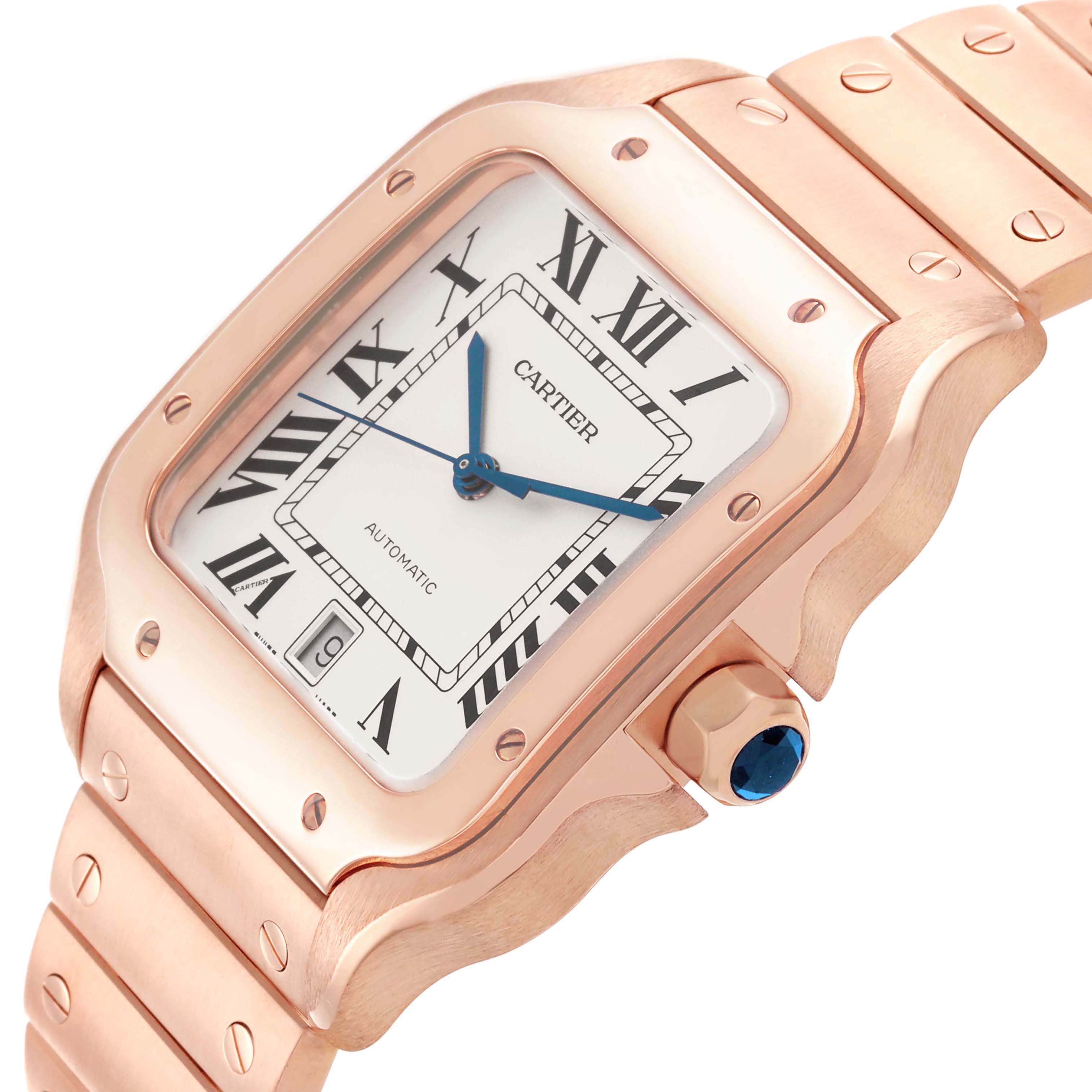 The Cartier Santos WGSA0018 Men's Rose Gold Silver Dial watch is shown from a front angle, highlighting the face, bezel, crown, and part of the bracelet.