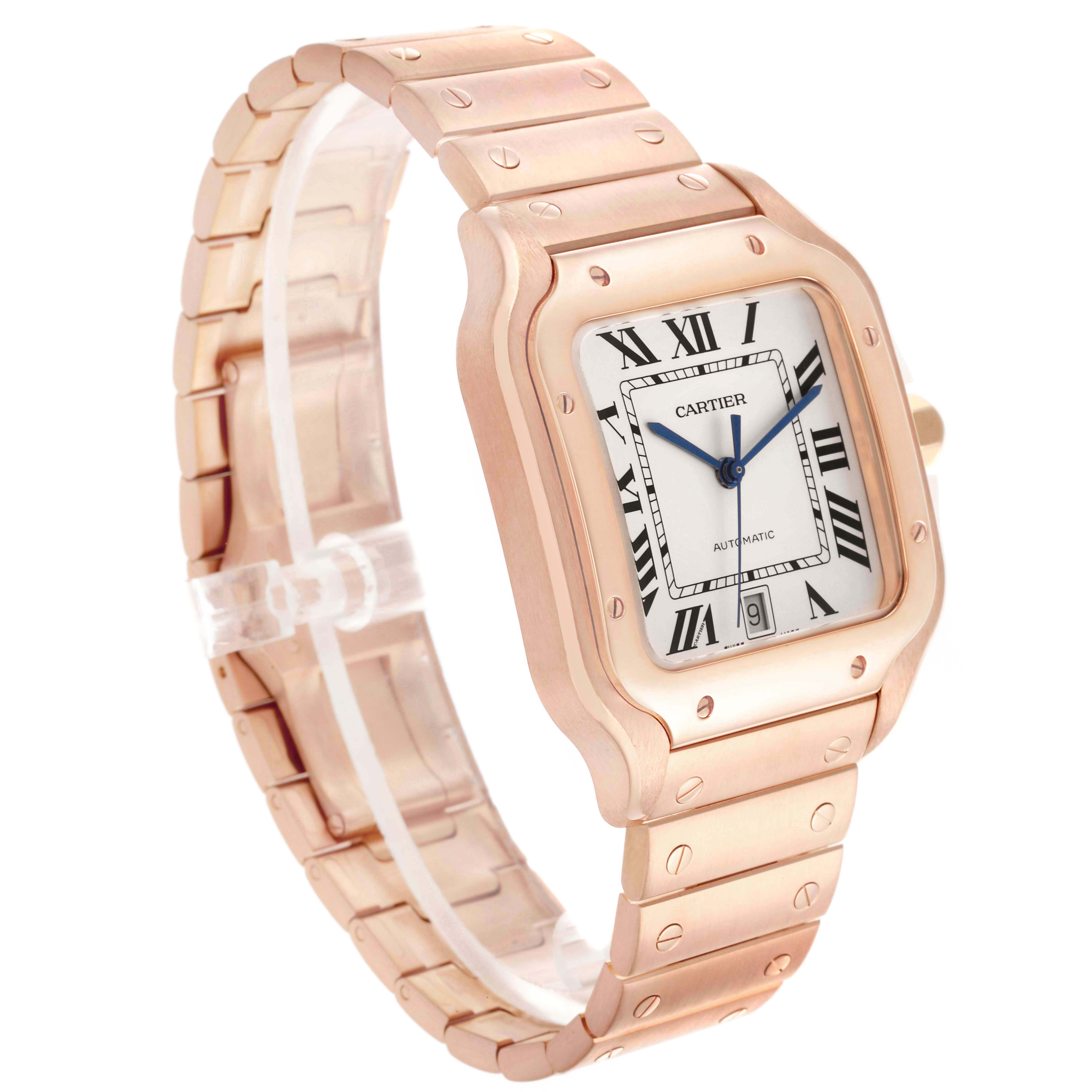 The Cartier Santos WGSA0018 Men's Rose Gold Silver Dial watch is shown at a slight angle displaying the face, bezel, and bracelet.