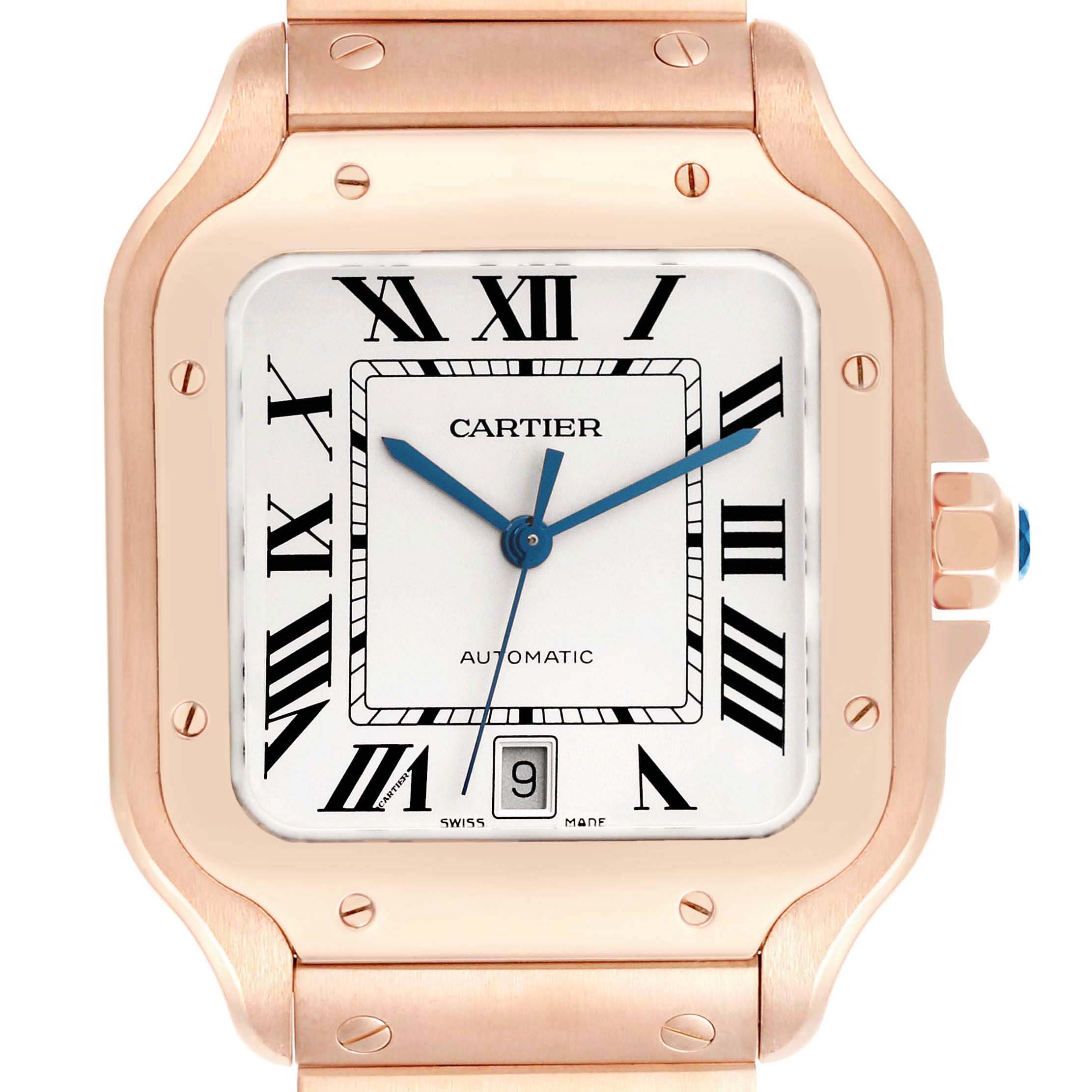 The Cartier Santos WGSA0018 Men's Rose Gold Silver Dial watch is shown from a front view, highlighting the dial, case, and part of the bracelet.