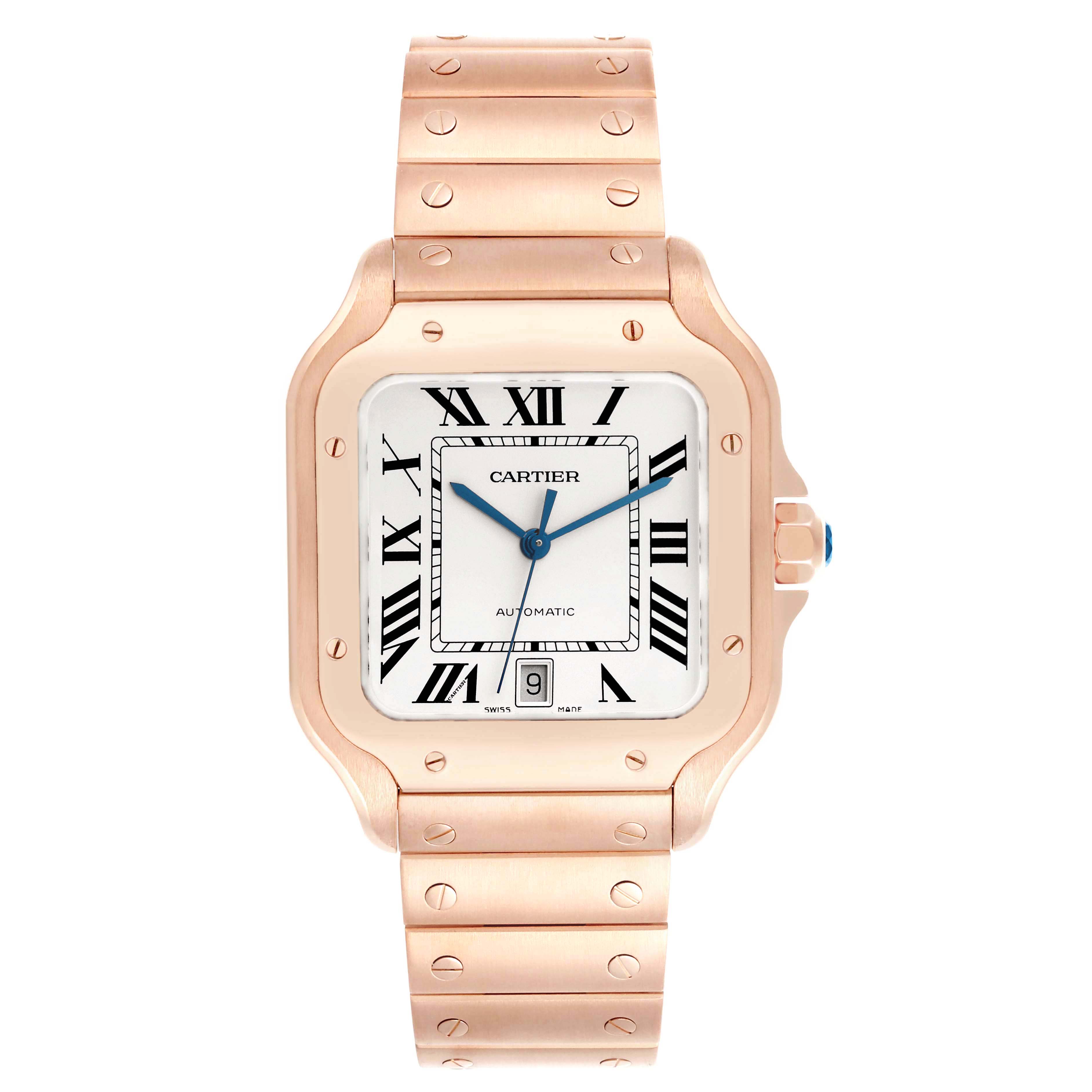 The Cartier Santos WGSA0018 Men's Rose Gold Silver Dial model watch is shown from the front, displaying the dial, case, crown, and full bracelet.