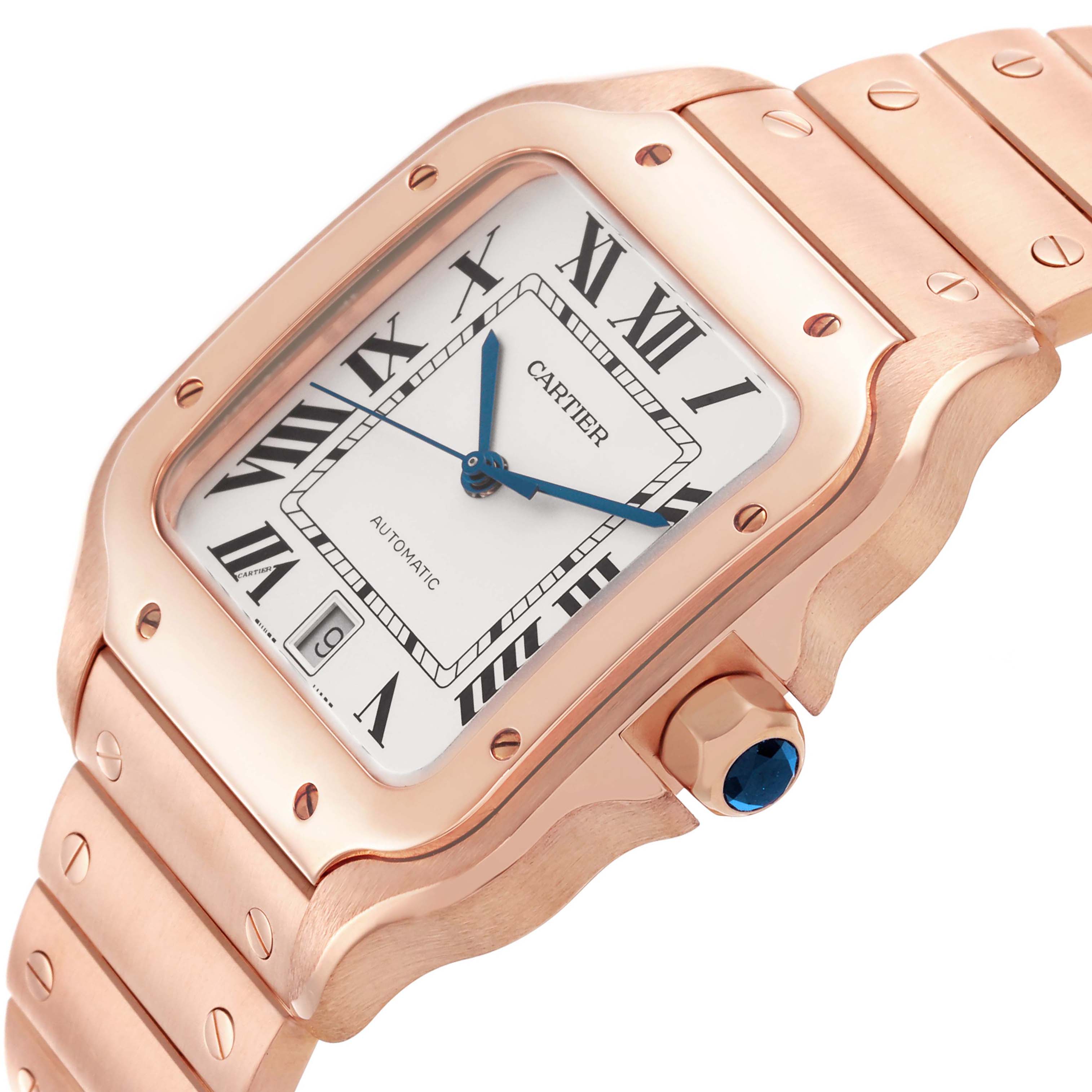 The Cartier Santos WGSA0018 Men's Rose Gold Silver Dial watch is shown at an angled view displaying the face, bezel, crown, and bracelet with visible screws.