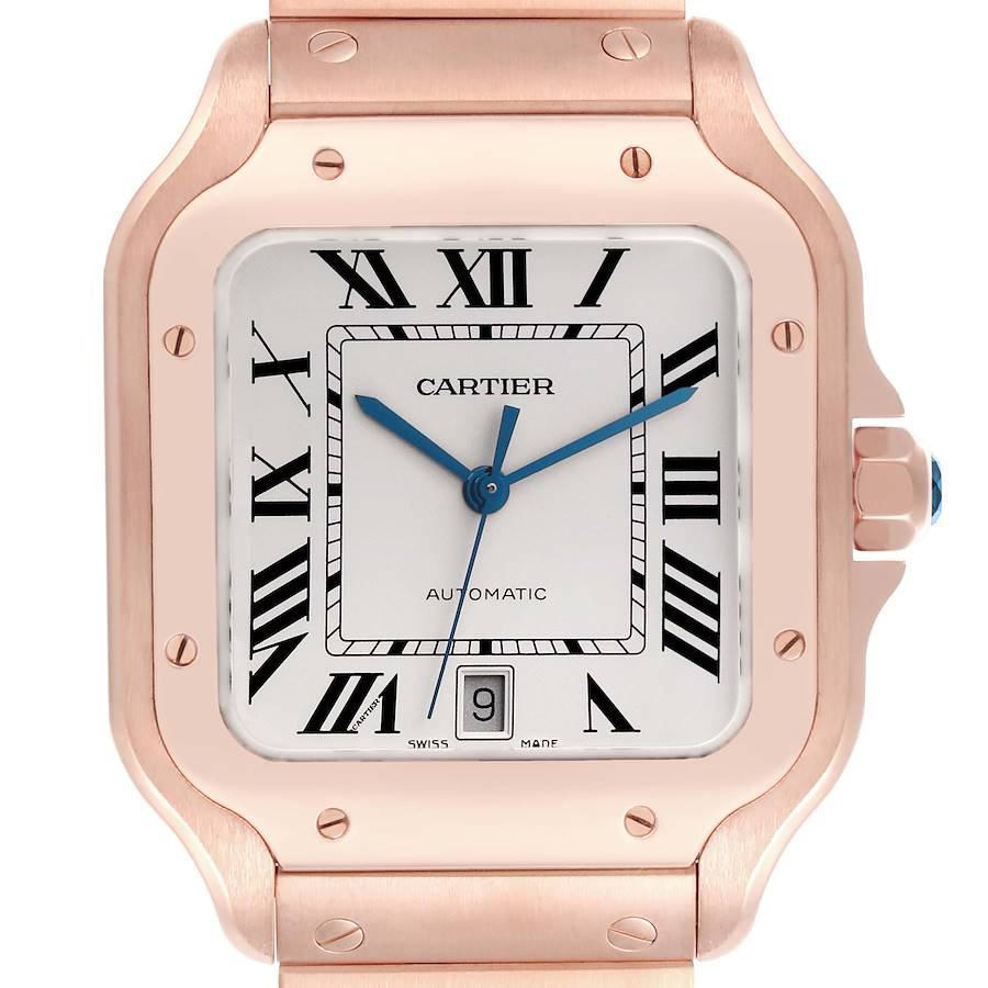 Cartier Santos Large Rose Gold Silver Dial Mens Watch WGSA0018 Box Papers SwissWatchExpo