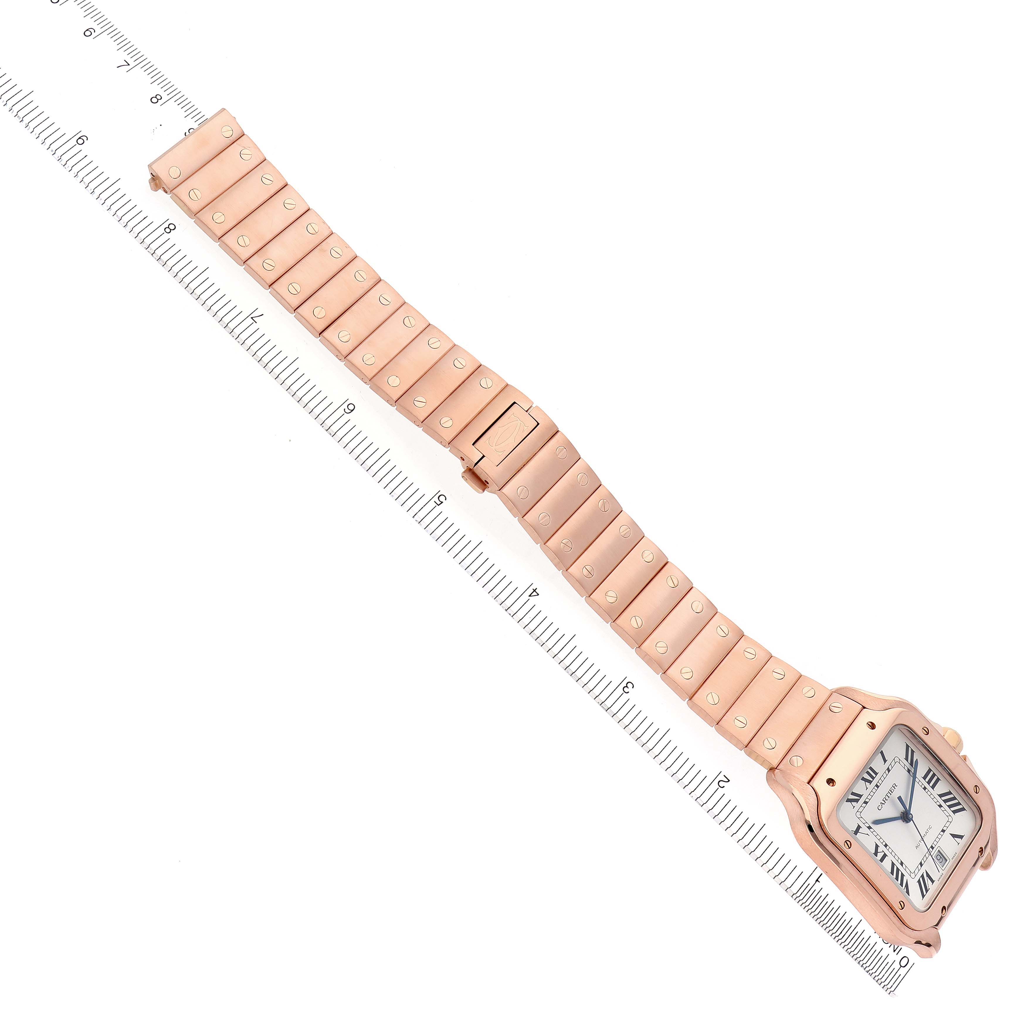 The image shows a Cartier Santos WGSA0018 Men's Rose Gold Silver Dial WGSA0018 Men's Rose Gold Silver Dial watch from an angled top view, highlighting the face, bezel, and full bracelet.