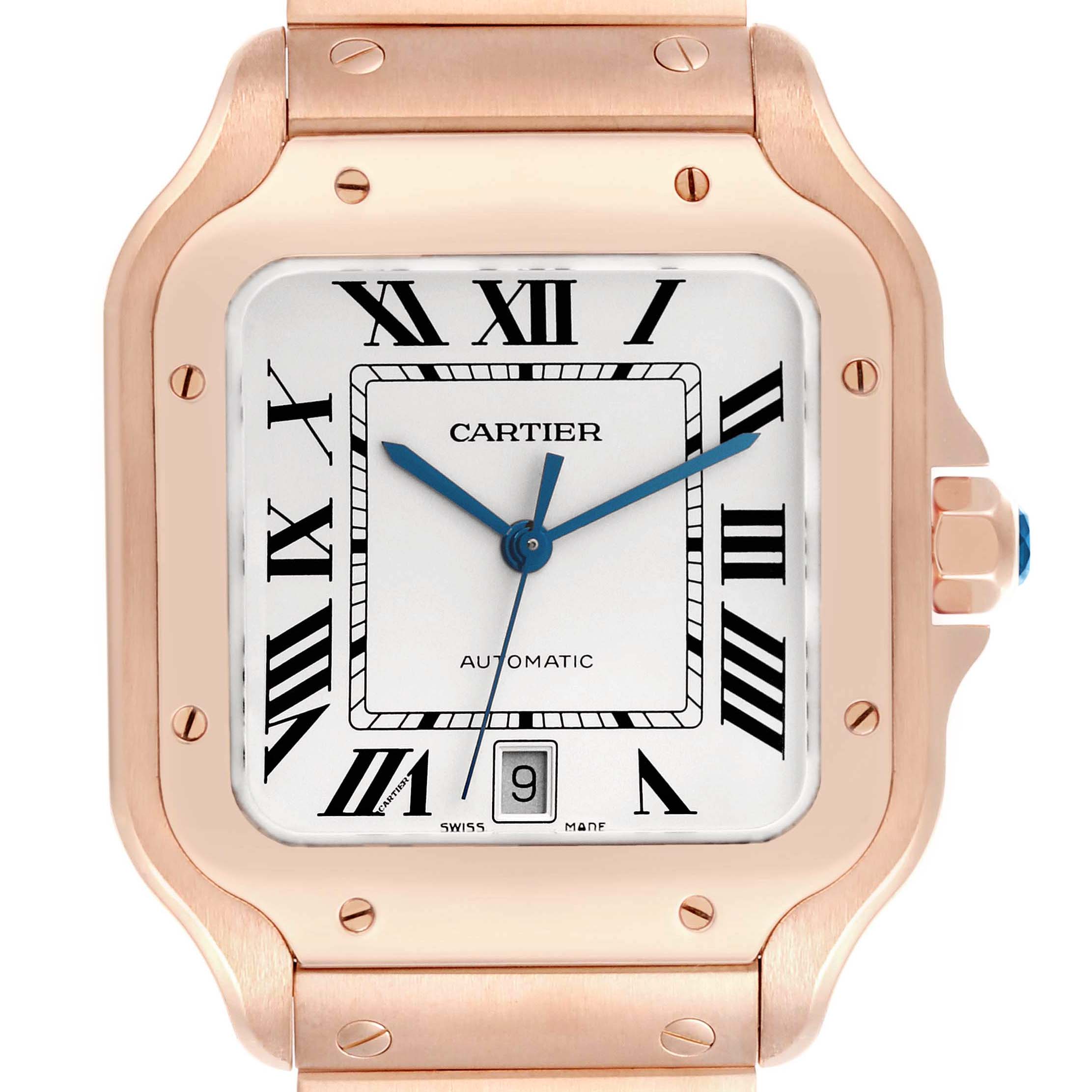 The Cartier Santos WGSA0018 Men's Rose Gold Silver Dial watch is shown from the front, displaying the face, hands, and part of the bracelet.