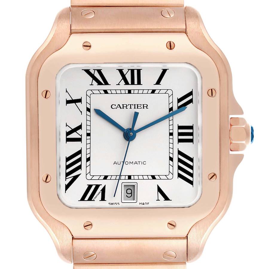The Cartier Santos WGSA0018 Men's Rose Gold Silver Dial watch is shown from the front, displaying the face, hands, and part of the bracelet.