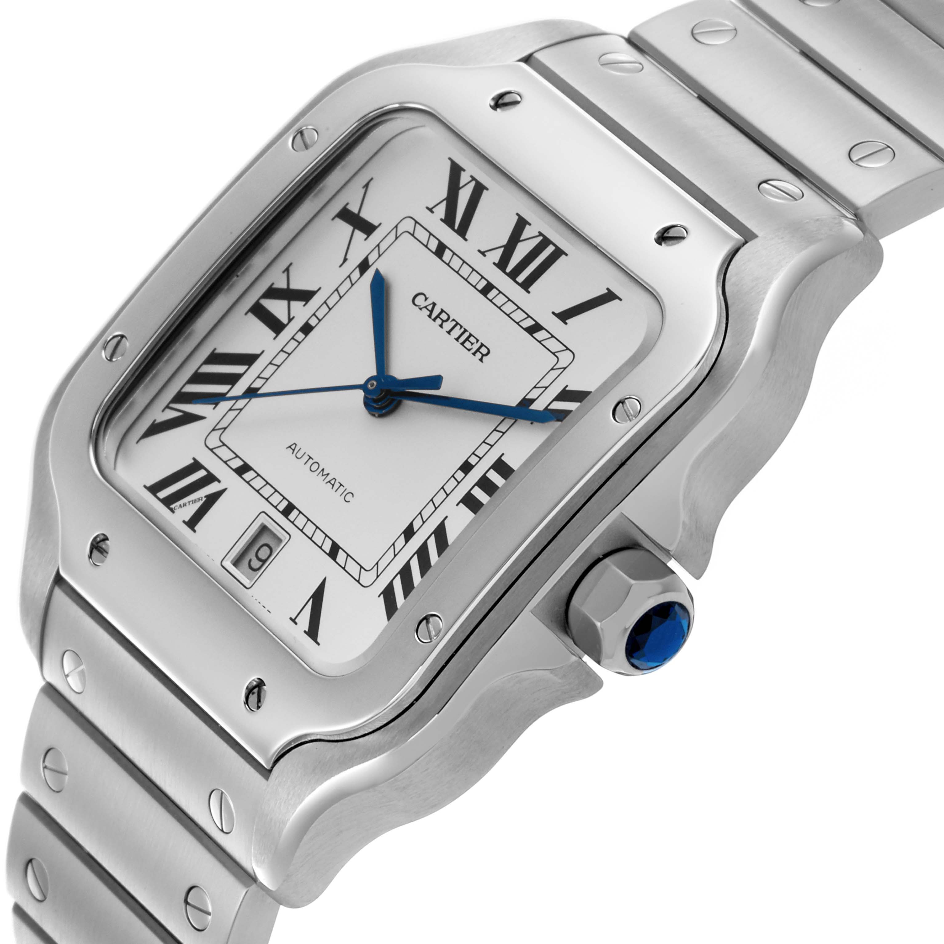 The Cartier Santos WSSA0018 Men
s Stainless Steel Silver Dial WSSA0018 Men
s Stainless Steel Silver Dial watch is shown from an angled side view, highlighting the face, bezel, and part of the bracelet.