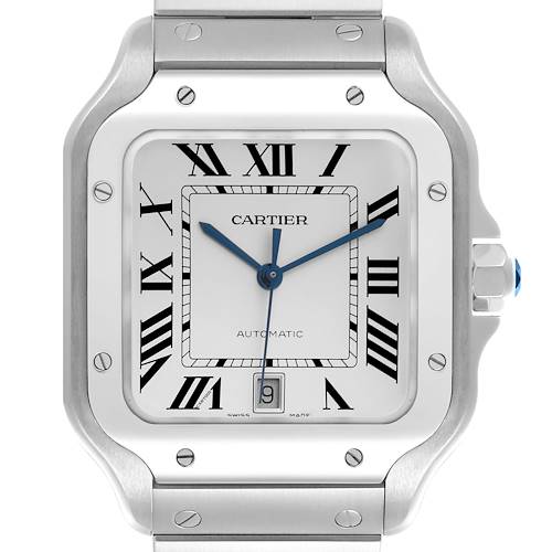 Photo of Cartier Santos Large Silver Dial Steel Mens Watch WSSA0018 Box Card