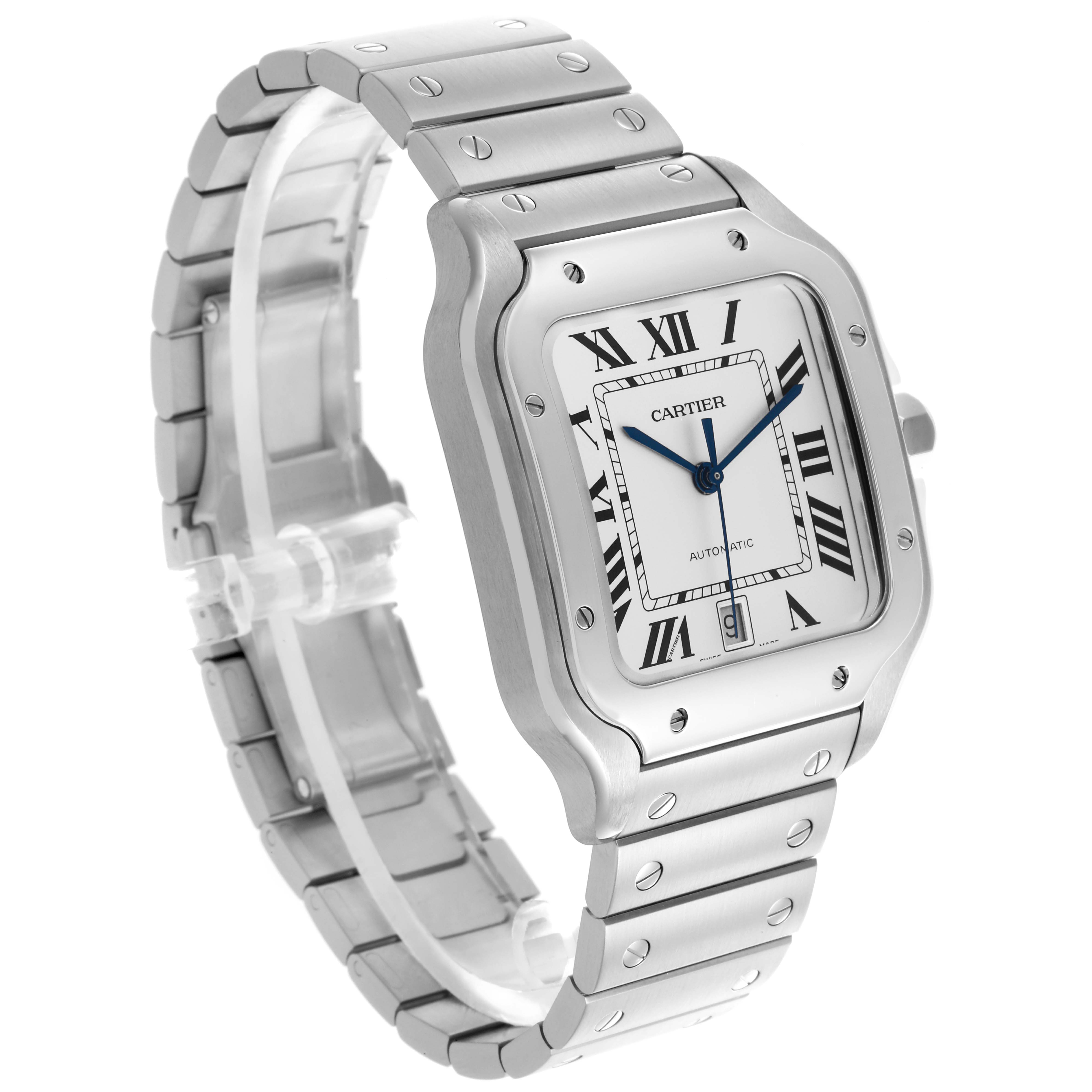The Cartier Santos WSSA0018 Men
s Stainless Steel Silver Dial WSSA0018 Men
s Stainless Steel Silver Dial watch is shown at a front angle, displaying the face, bezel, crown, and full bracelet.