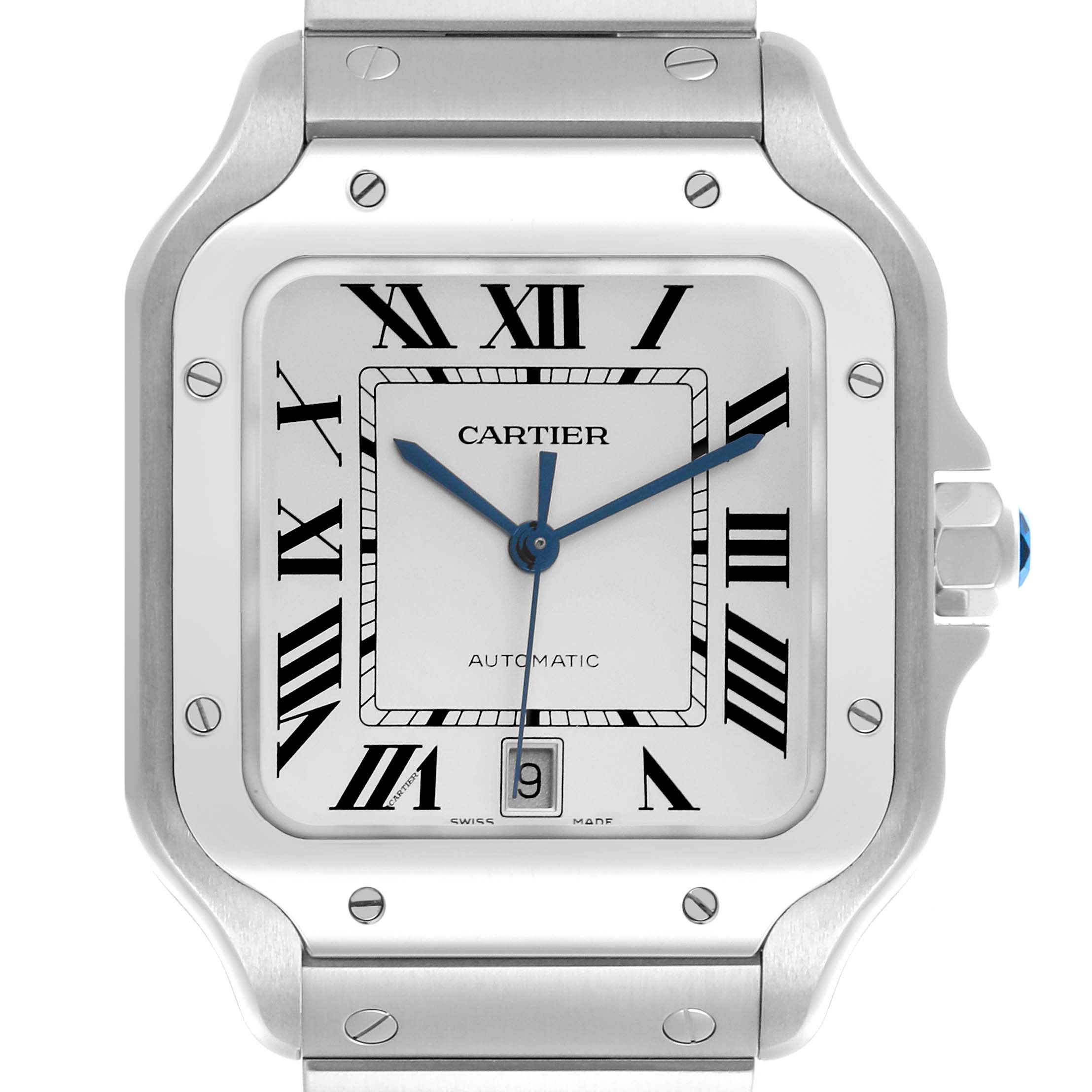 The Cartier Santos WSSA0018 Men
s Stainless Steel Silver Dial WSSA0018 Men
s Stainless Steel Silver Dial watch is shown from the front, displaying the dial, bezel, and part of the bracelet.