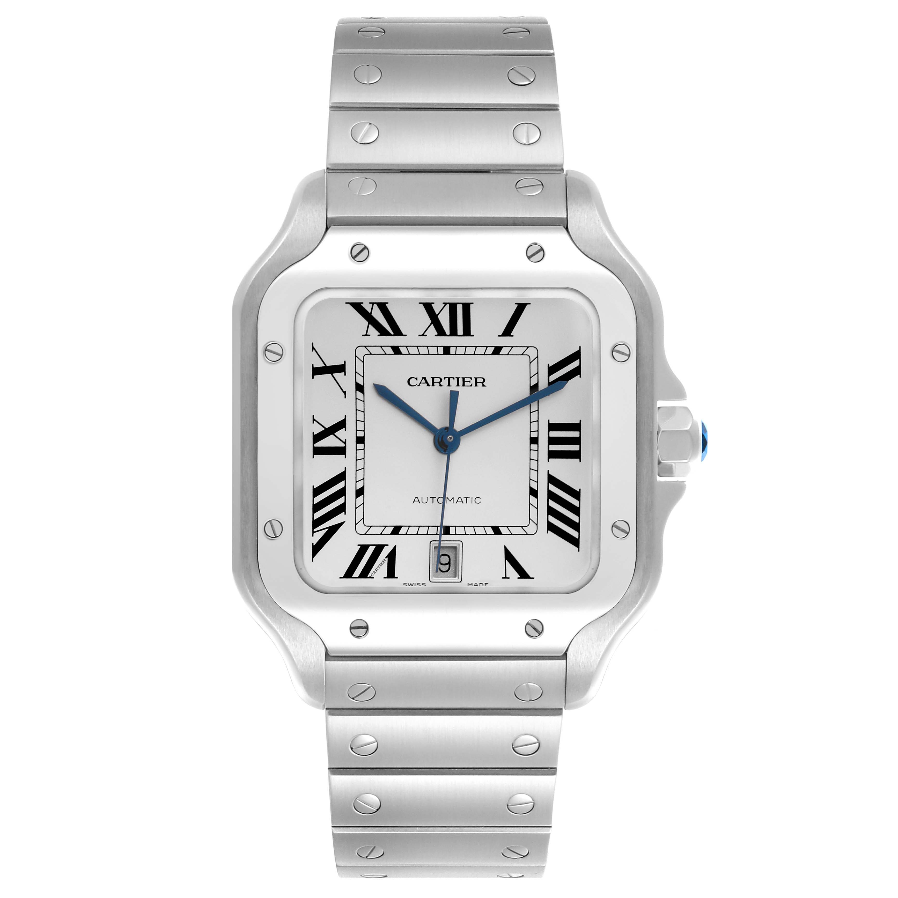 The Cartier Santos WSSA0018 Men
s Stainless Steel Silver Dial WSSA0018 Men
s Stainless Steel Silver Dial watch is shown from a front angle, displaying the case, dial, bracelet, and crown clearly.