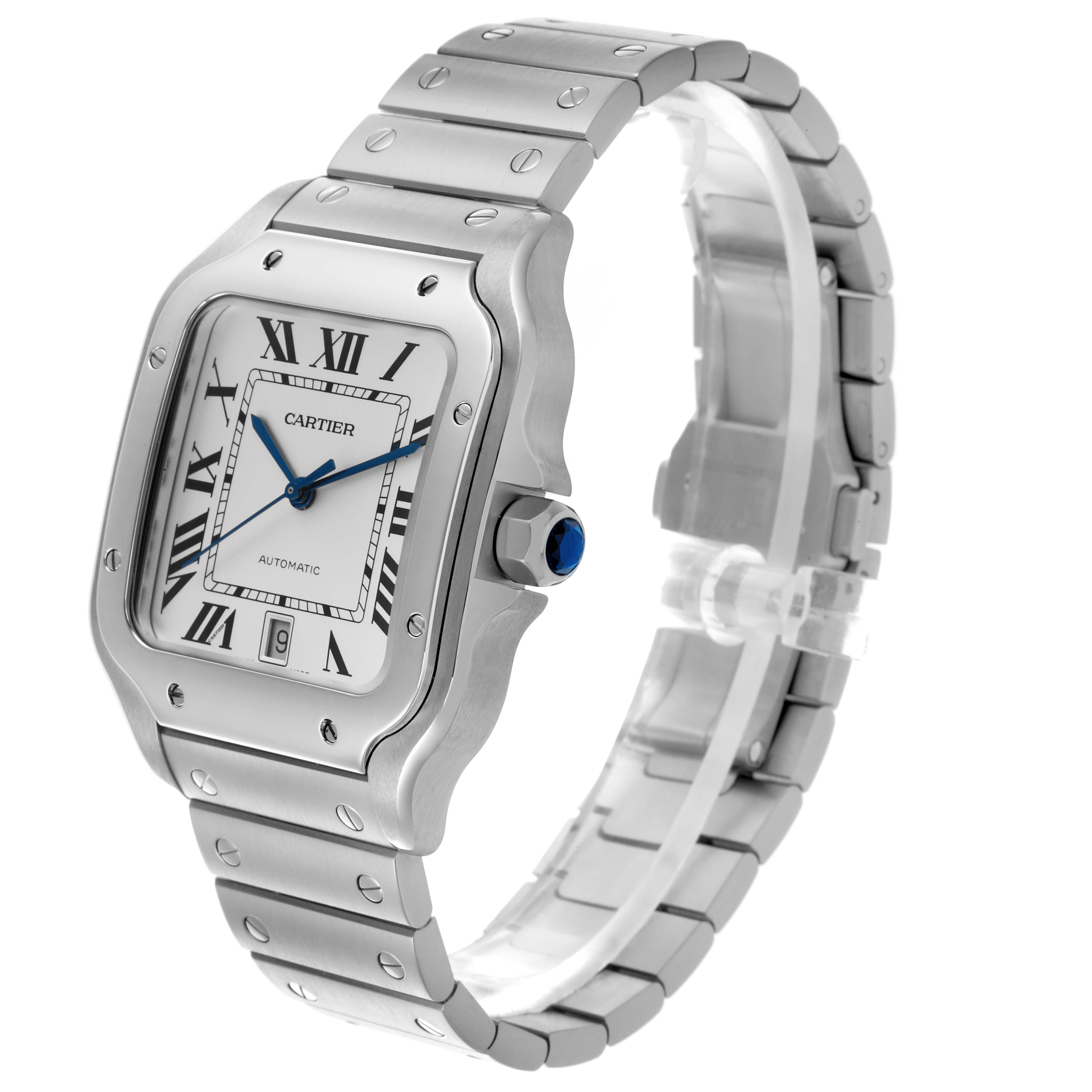 The Cartier Santos WSSA0018 Men
s Stainless Steel Silver Dial WSSA0018 Men
s Stainless Steel Silver Dial watch is shown at a three-quarter angle, displaying the face, crown, and bracelet.