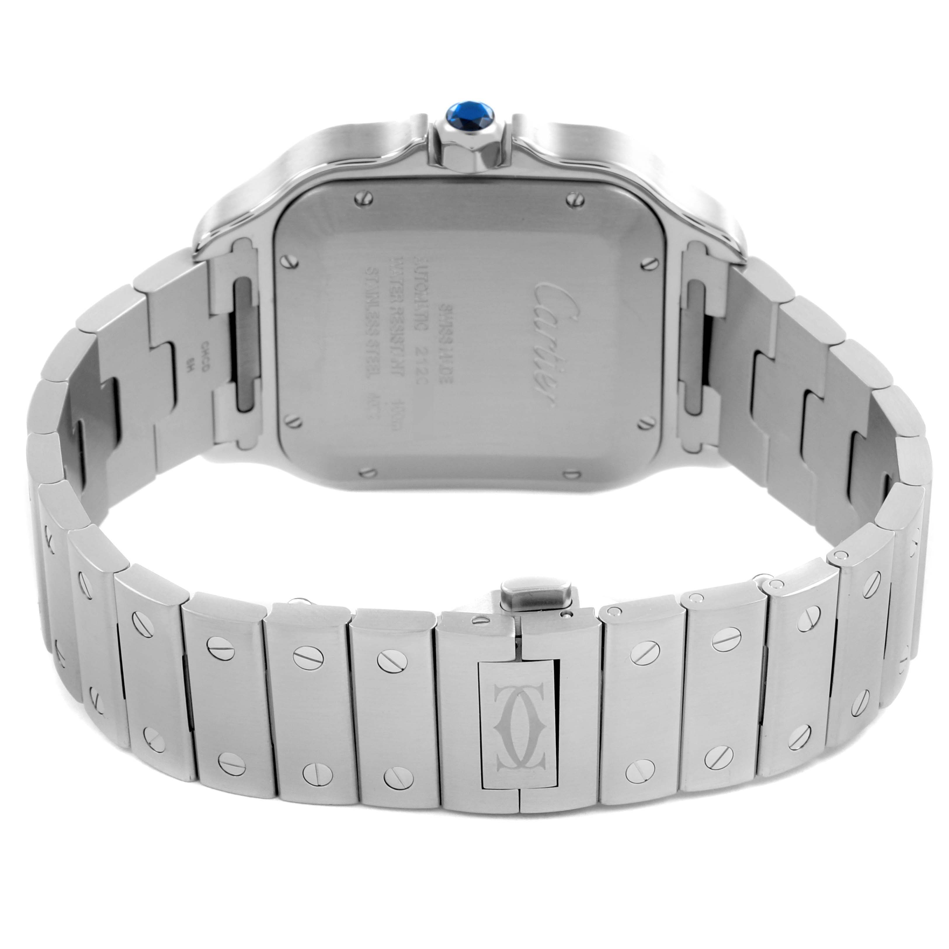 The image shows the back case and bracelet of a Cartier Santos WSSA0018 Men
s Stainless Steel Silver Dial WSSA0018 Men
s Stainless Steel Silver Dial watch, highlighting its stainless steel finish.