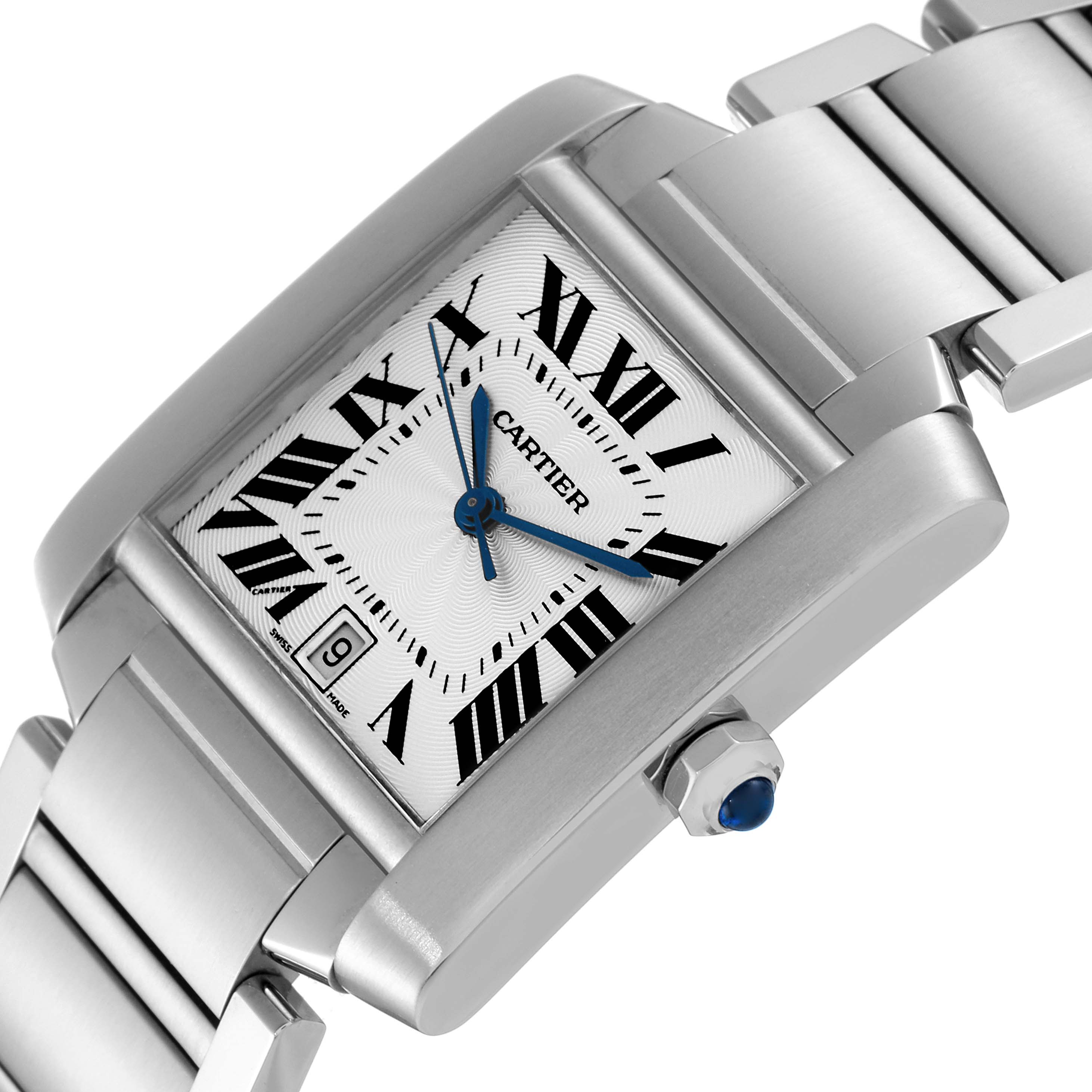The image shows a close-up angle of the Cartier Tank Francaise W51002Q3 Men's Stainless Steel Silver Dial W51002Q3 Men's Stainless Steel Silver Dial watch, highlighting the dial, crown, and part of the bracelet.