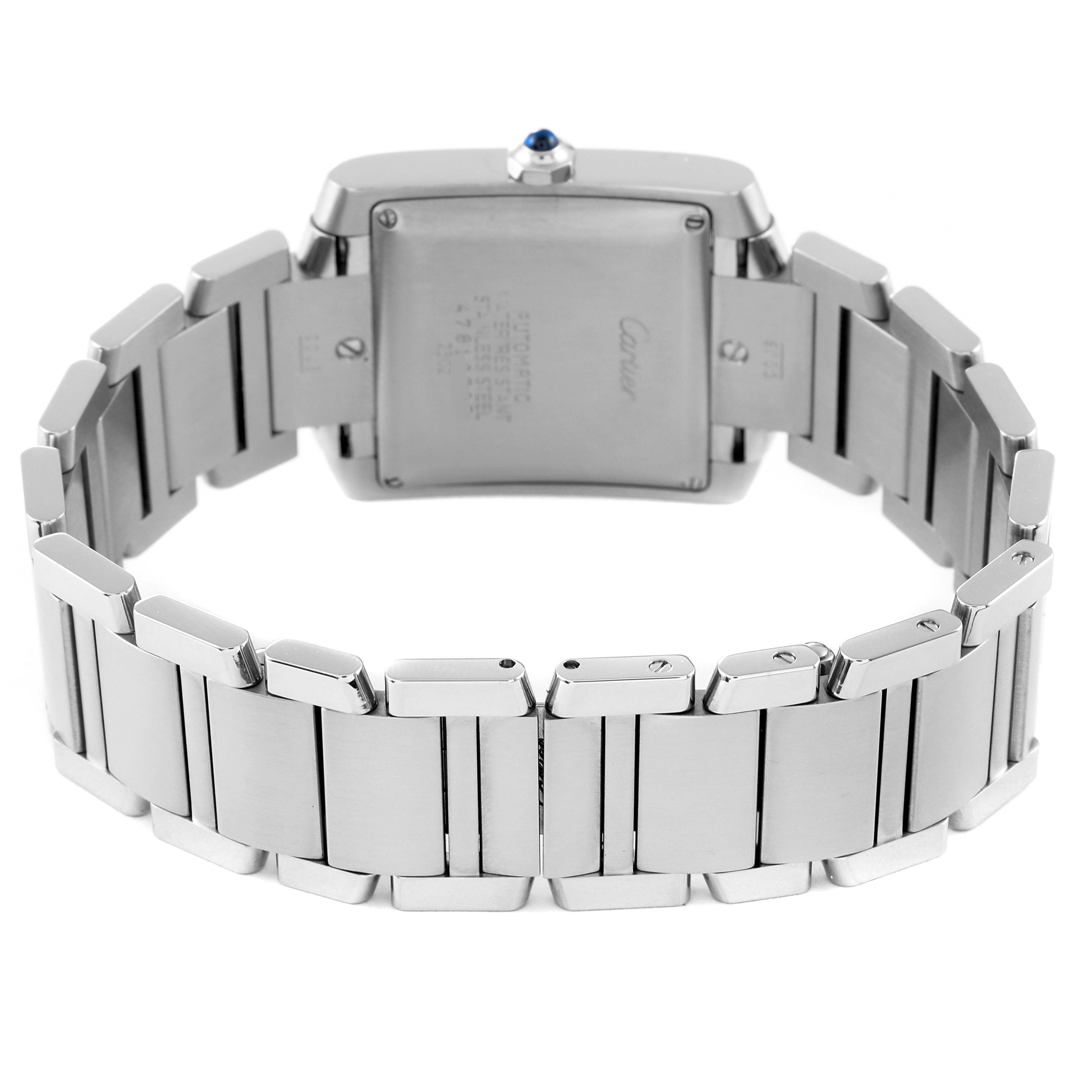 The image shows the back view of a Cartier Tank Francaise W51002Q3 Men's Stainless Steel Silver Dial W51002Q3 Men's Stainless Steel Silver Dial watch, highlighting the metal case and bracelet.
